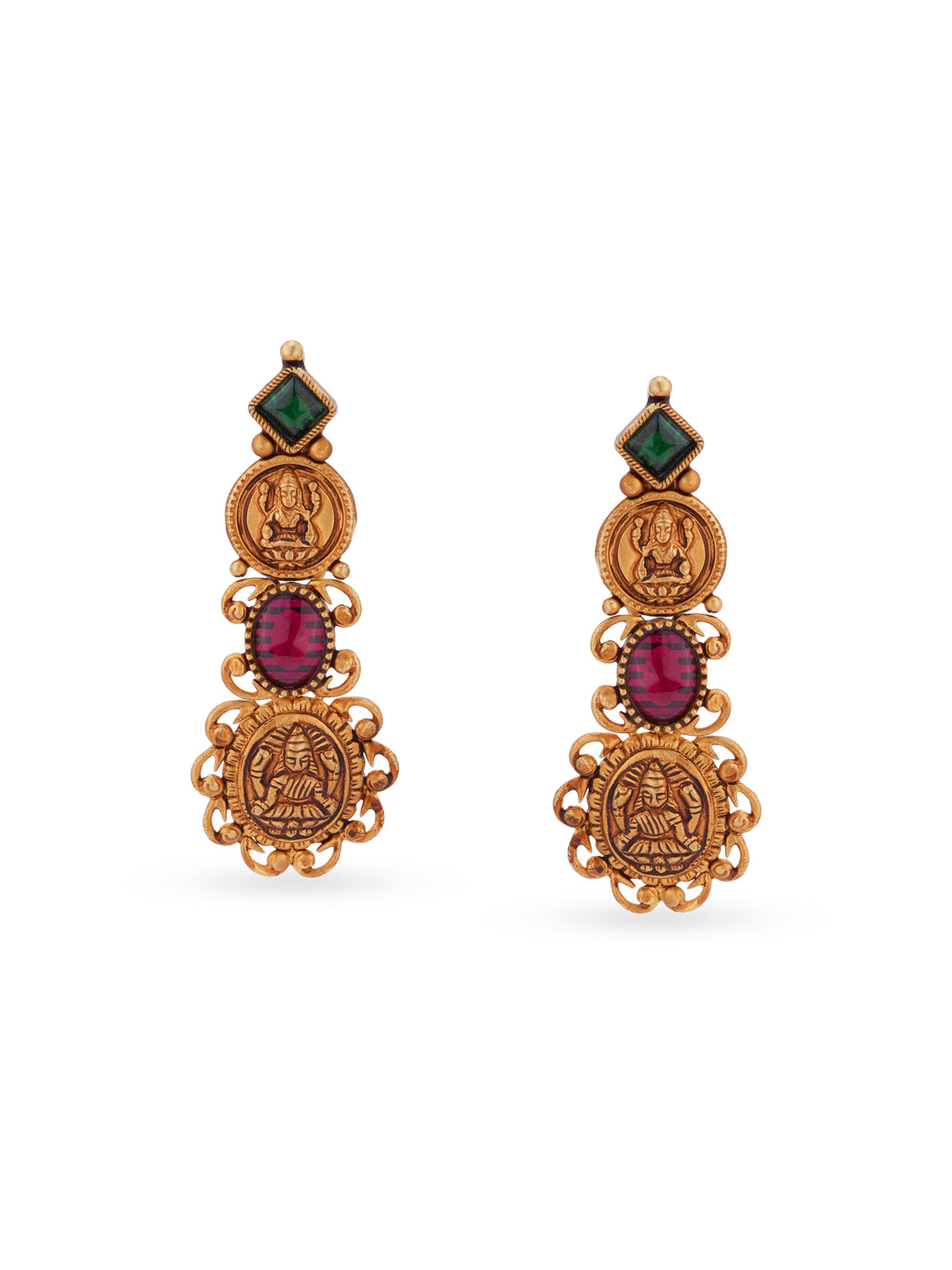 Detailed view of SIJA 925 silver Gold Lakshmi Nagas Earrings highlighting ornamental finish and polished gold plated craftsmanship