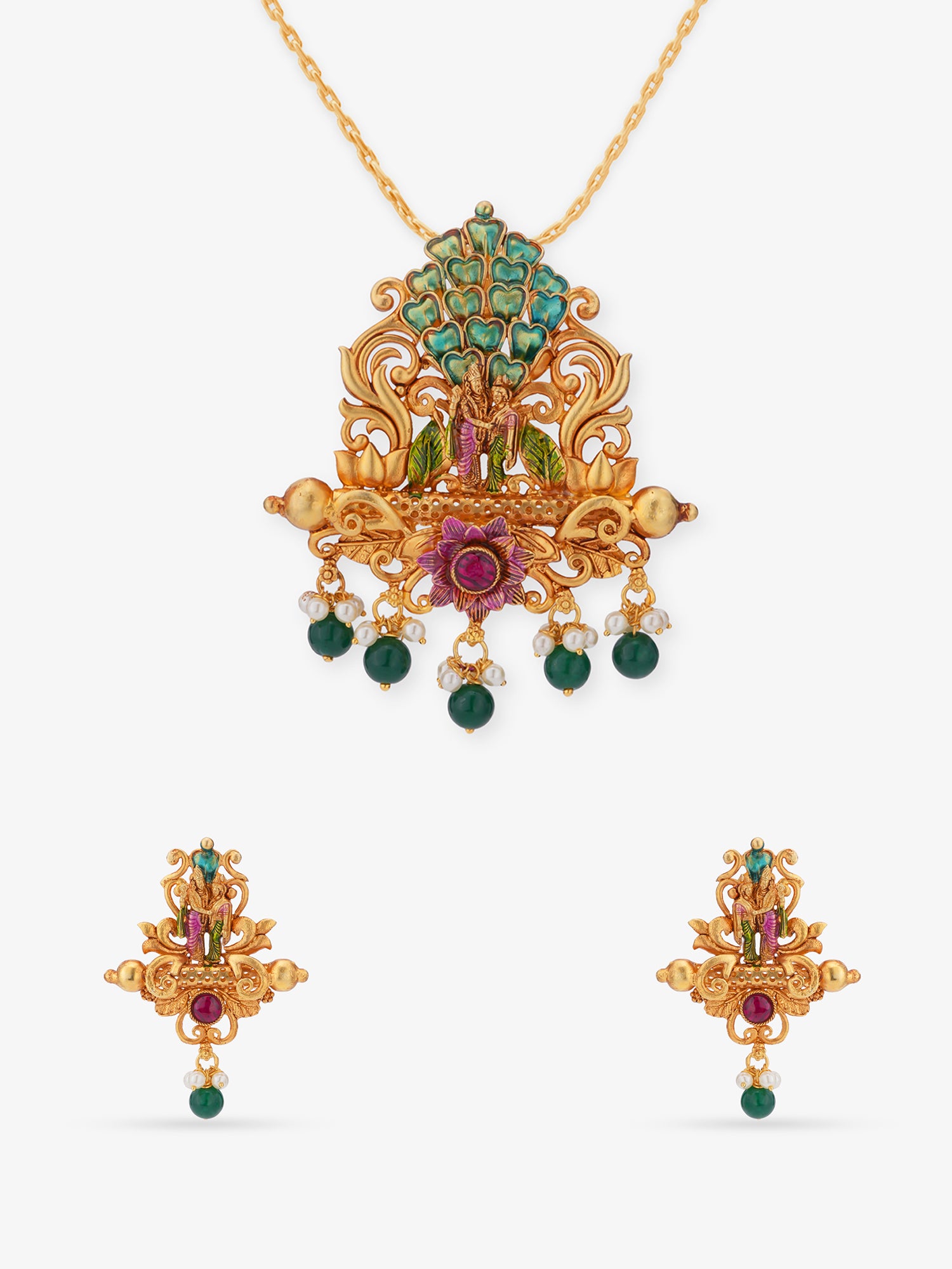 SIJA 925 Silver Gold Lakshmi and Vishnu Pendant with Earring Set gold plated temple jewellery full front hero view for women festive wear