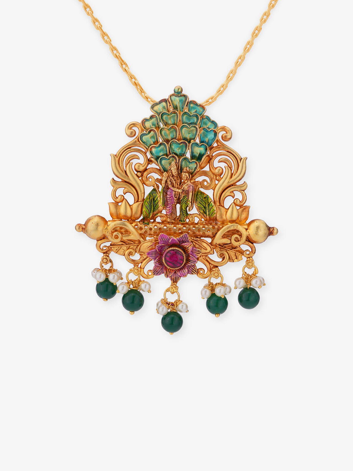 Close‑up of SIJA 925 silver gold plated Lakshmi Pendant showing goddess engraving fine detailing and handcrafted temple jewellery design