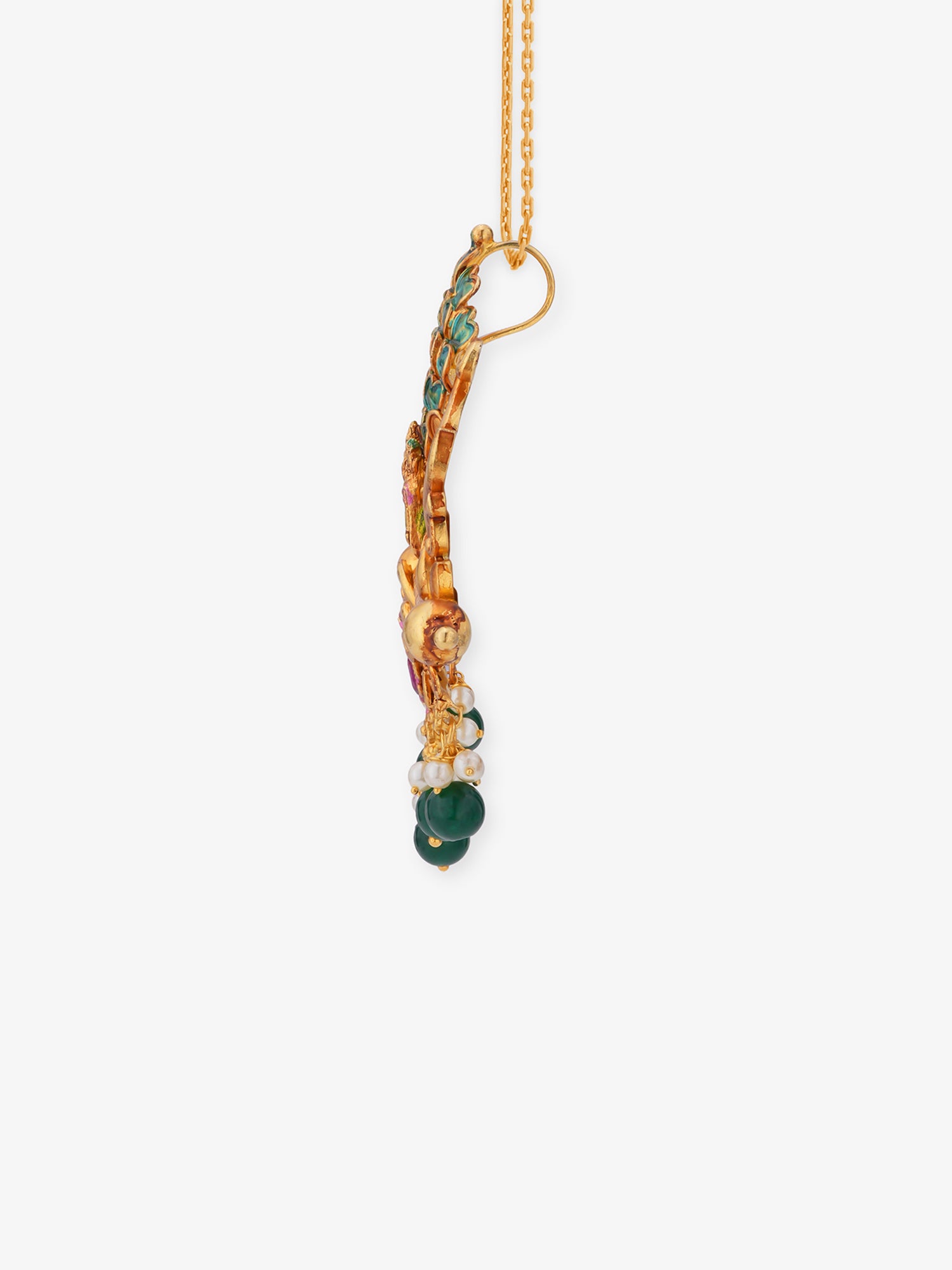 Side profile of SIJA 925 silver gold plated Lakshmi Vishnu Pendant showing bail loop pendant thickness antique edge relief and chain compatibility