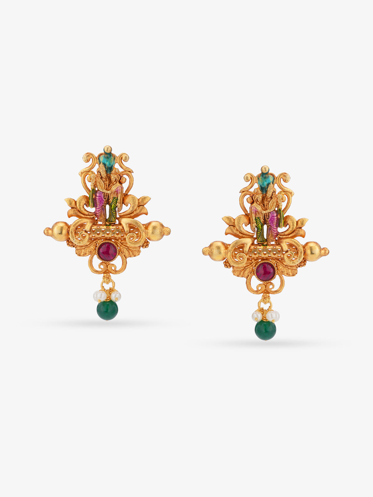 Close‑up of SIJA 925 silver gold plated Lakshmi Vishnu earrings showing matching motifs fine engraving and South Indian temple jewellery craftsmanship