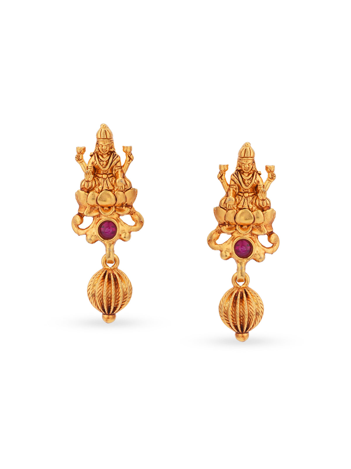 Detailed view of SIJA 925 silver Gold Lakshmi with Drops Earrings highlighting ornamental finish and polished gold plated craftsmanship