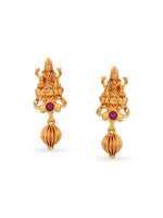 Detailed view of SIJA 925 silver Gold Lakshmi with Drops Earrings highlighting ornamental finish and polished gold plated craftsmanship