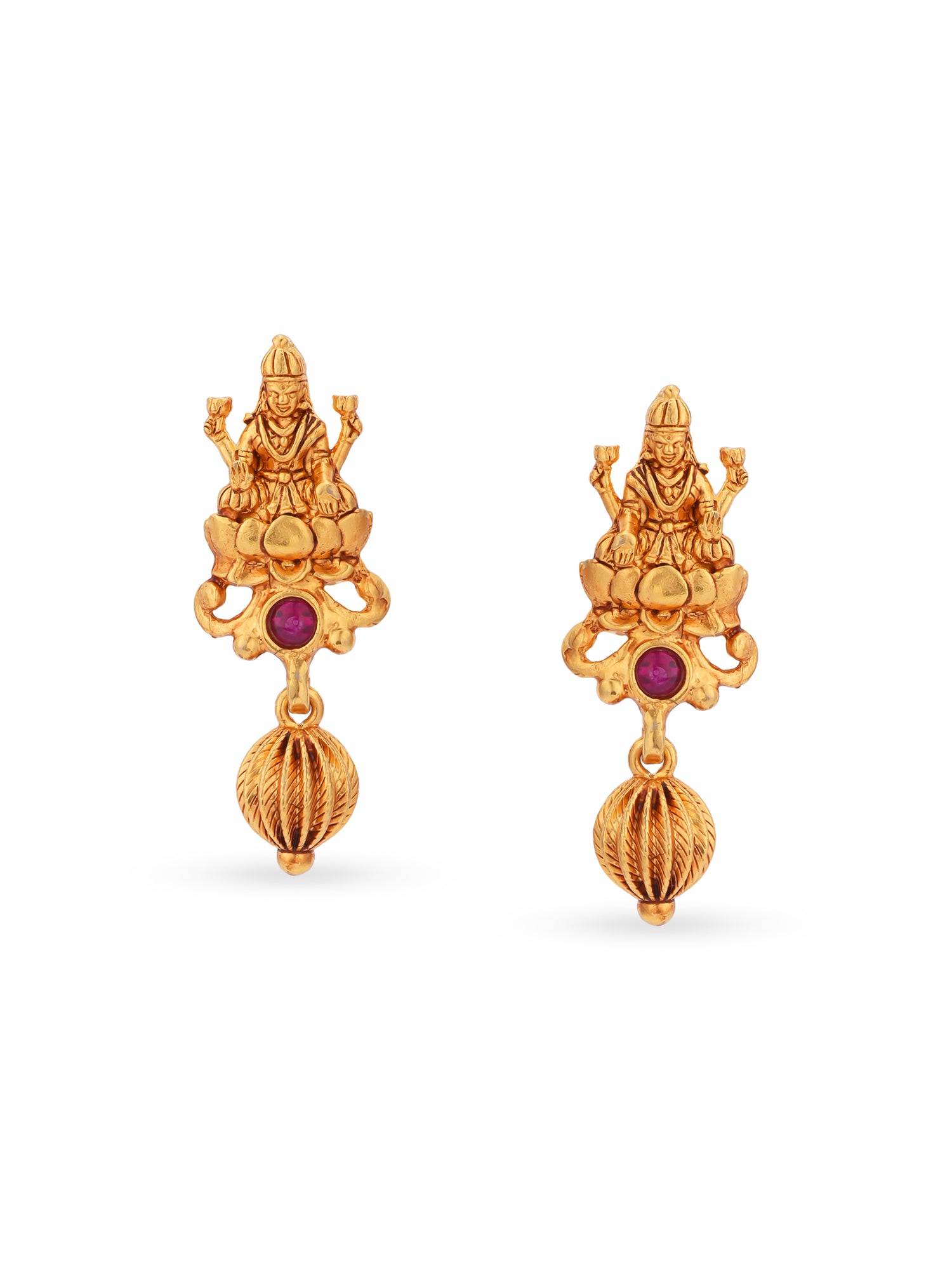 Detailed view of SIJA 925 silver Gold Lakshmi with Drops Earrings highlighting ornamental finish and polished gold plated craftsmanship