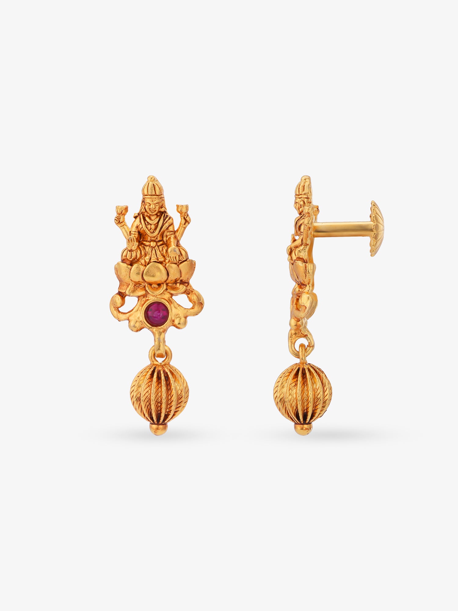 Side profile of SIJA 925 silver Gold Lakshmi with Drops Earrings showing polished edges and durable sterling silver construction