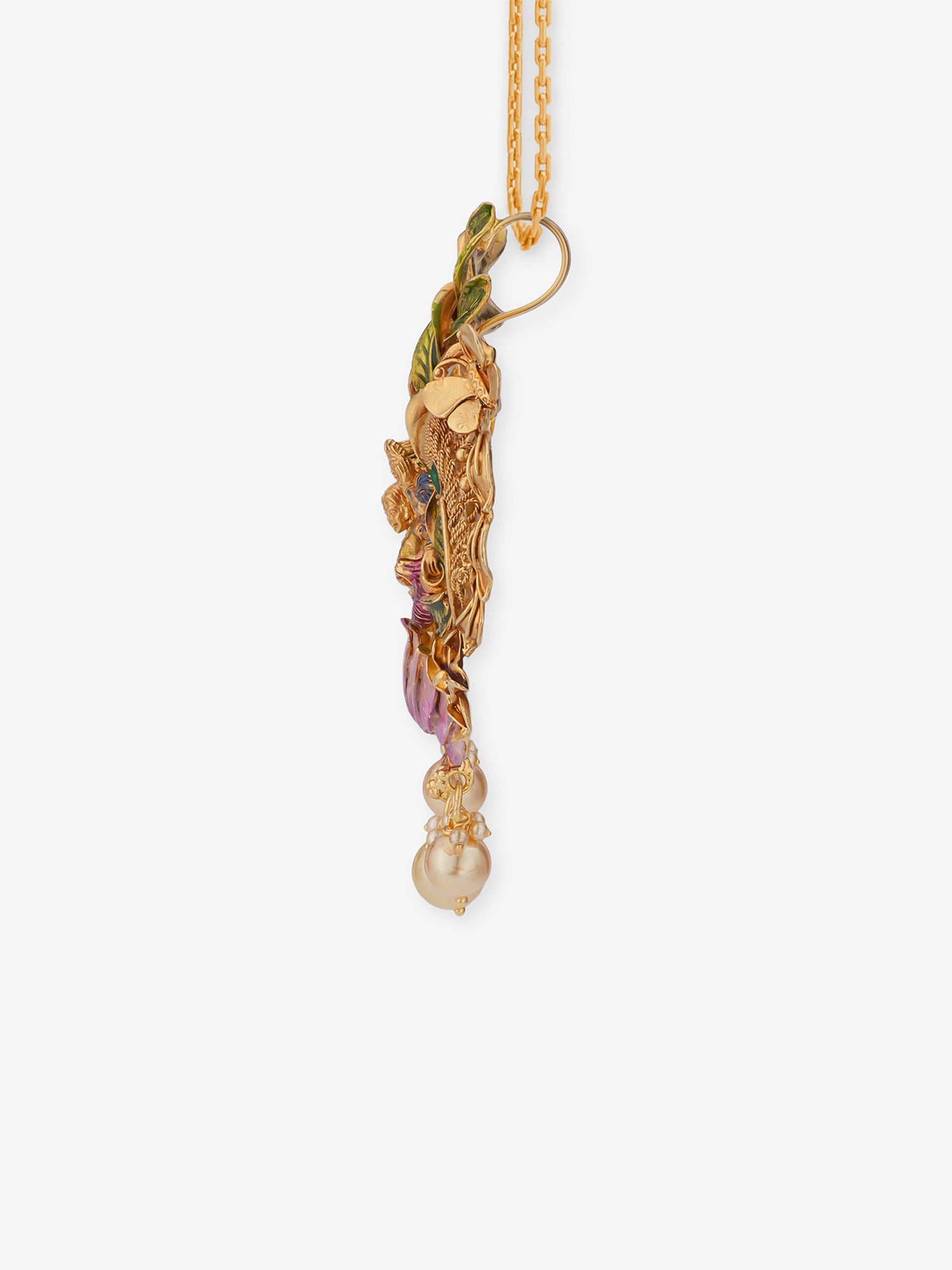 Side profile view of SIJA 925 silver gold Radha Krishna pendant showing bail loop pendant thickness antique gold plated edge finish and chain compatibility reference for women