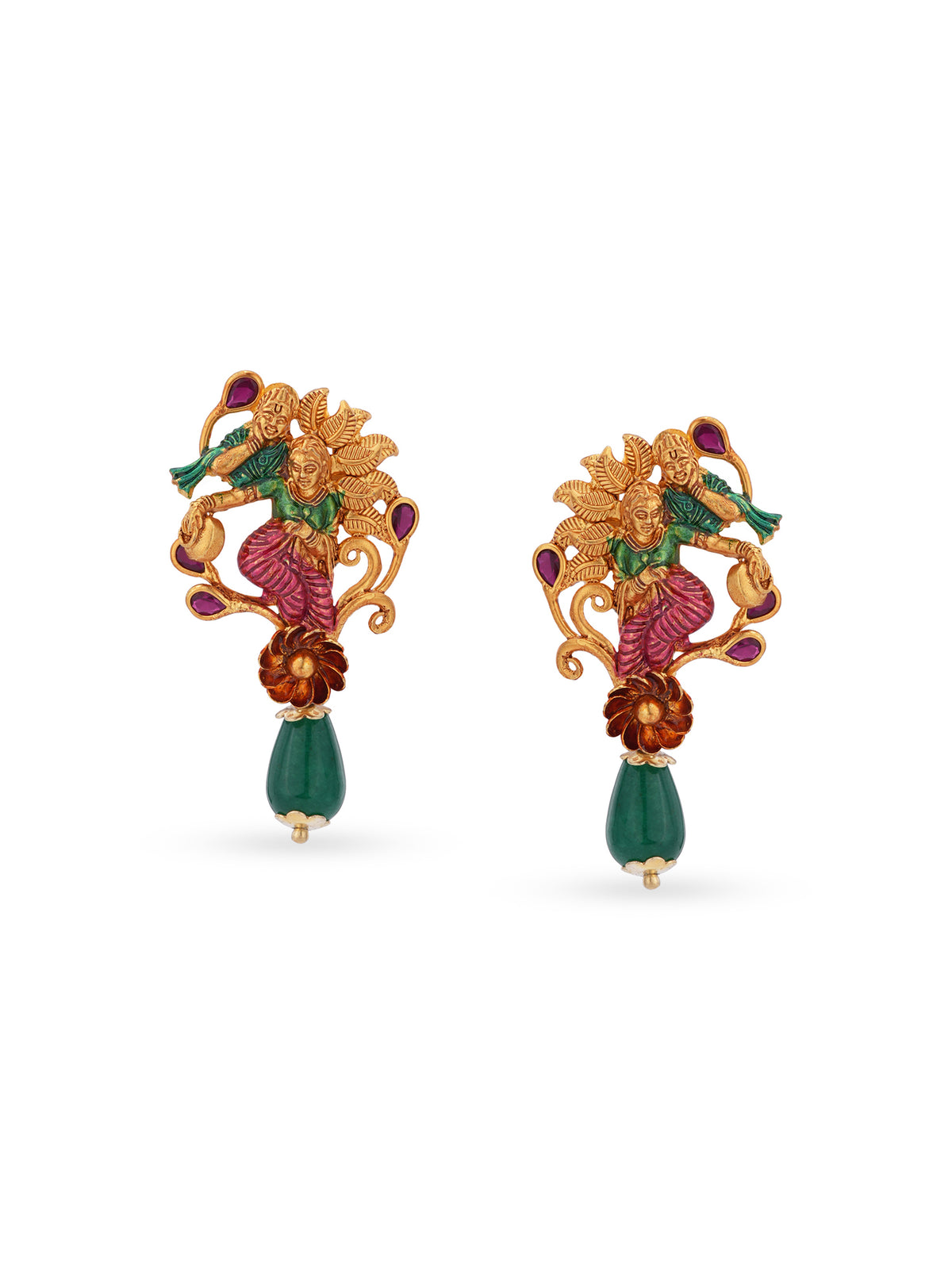 Close‑up of SIJA 925 silver Gold Radha Krishna Earrings showing divine Radha Krishna motif handcrafted gold plated design