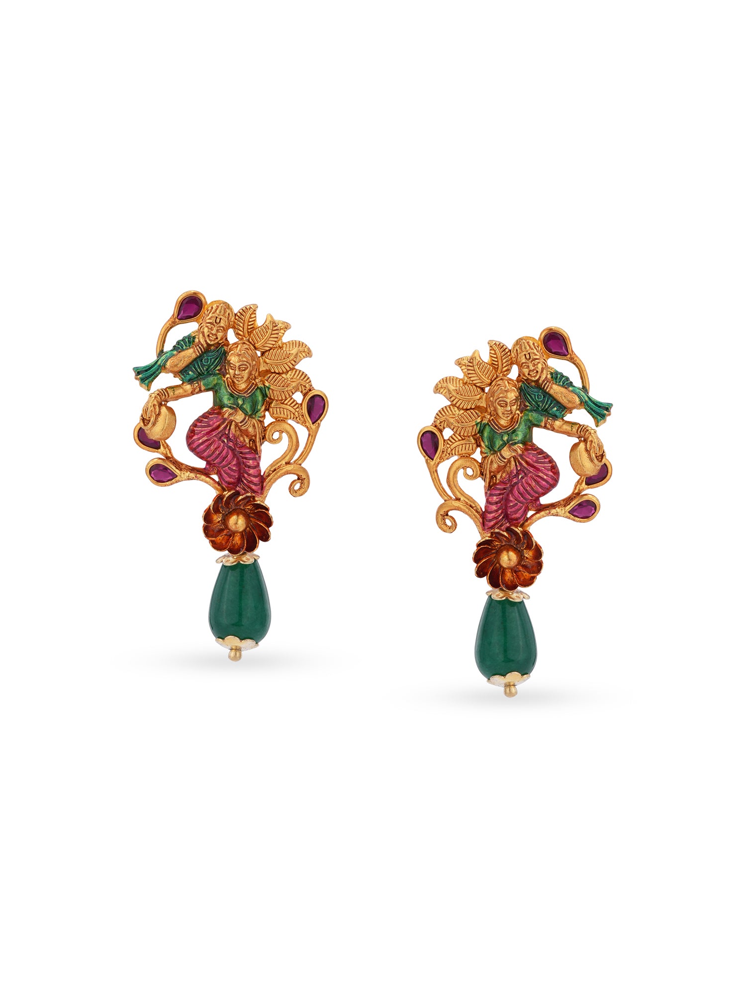 Close‑up of SIJA 925 silver Gold Radha Krishna Earrings showing divine Radha Krishna motif handcrafted gold plated design