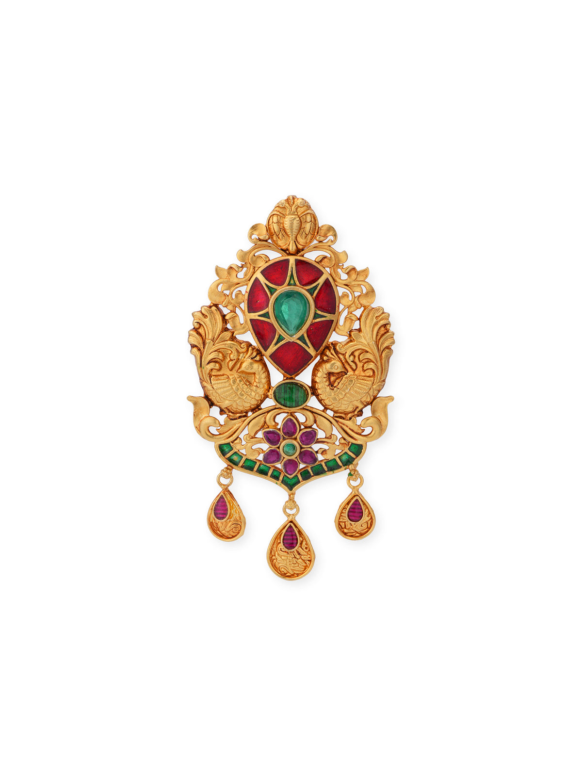 Close‑up of SIJA 925 silver gold plated Peacock Pendant showing red and green stone detailing handcrafted temple jewellery design for women