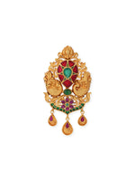 Close‑up of SIJA 925 silver gold plated Peacock Pendant showing red and green stone detailing handcrafted temple jewellery design for women