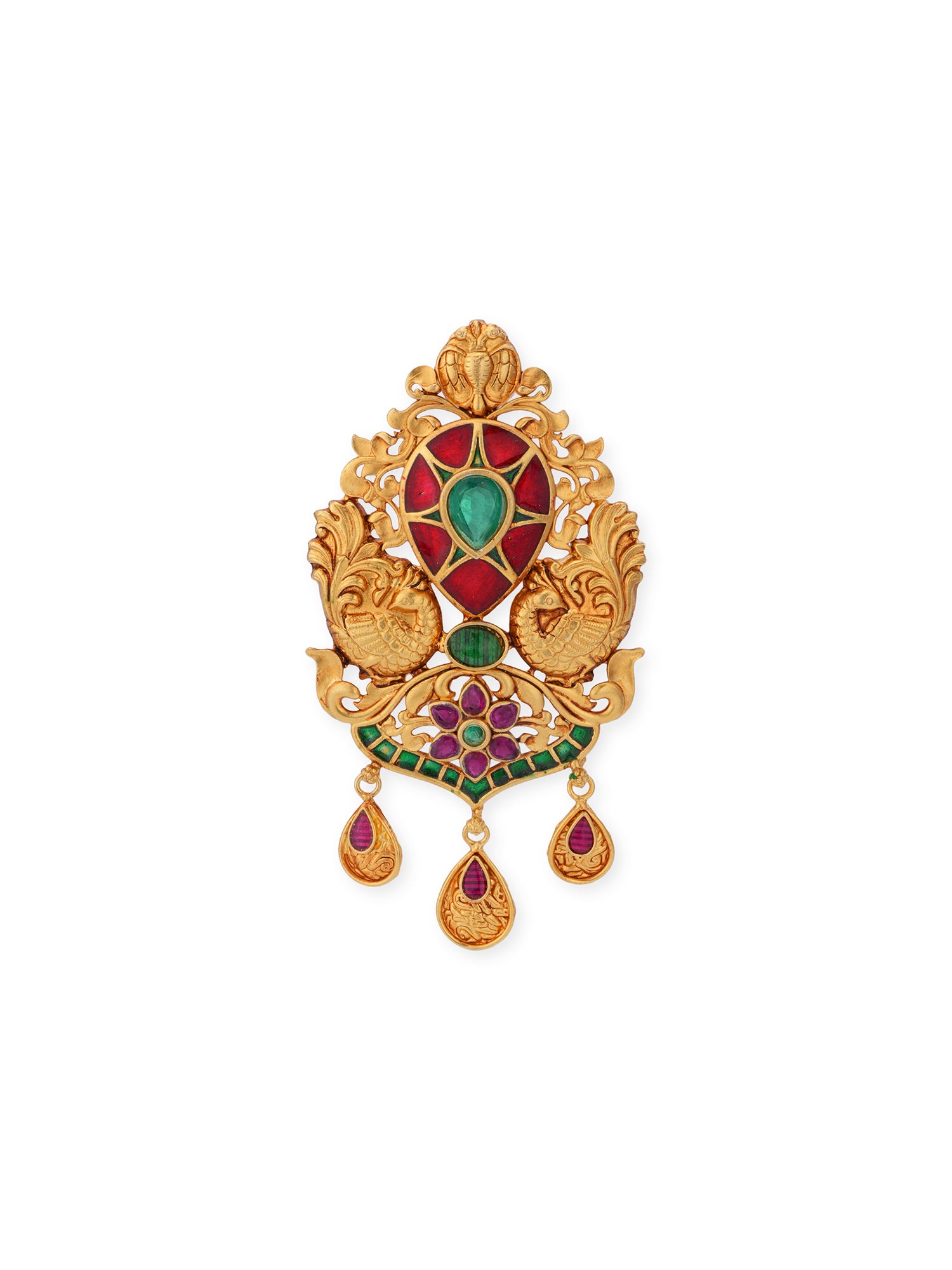 Close‑up of SIJA 925 silver gold plated Peacock Pendant showing red and green stone detailing handcrafted temple jewellery design for women