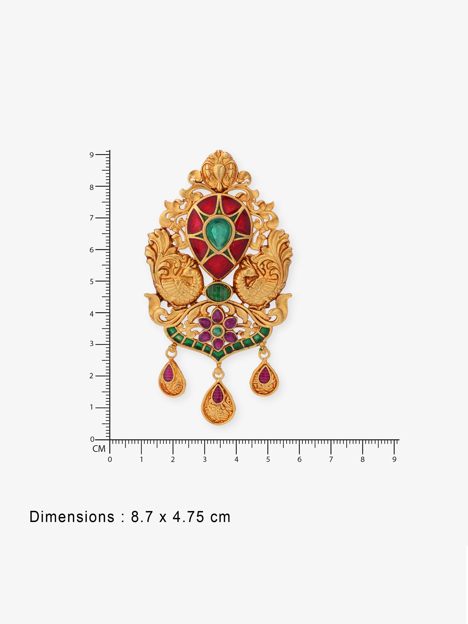 Reverse of SIJA Peacock Pendant clearly showing BIS 925 hallmark stamp certified sterling silver gold plated temple jewellery made in India