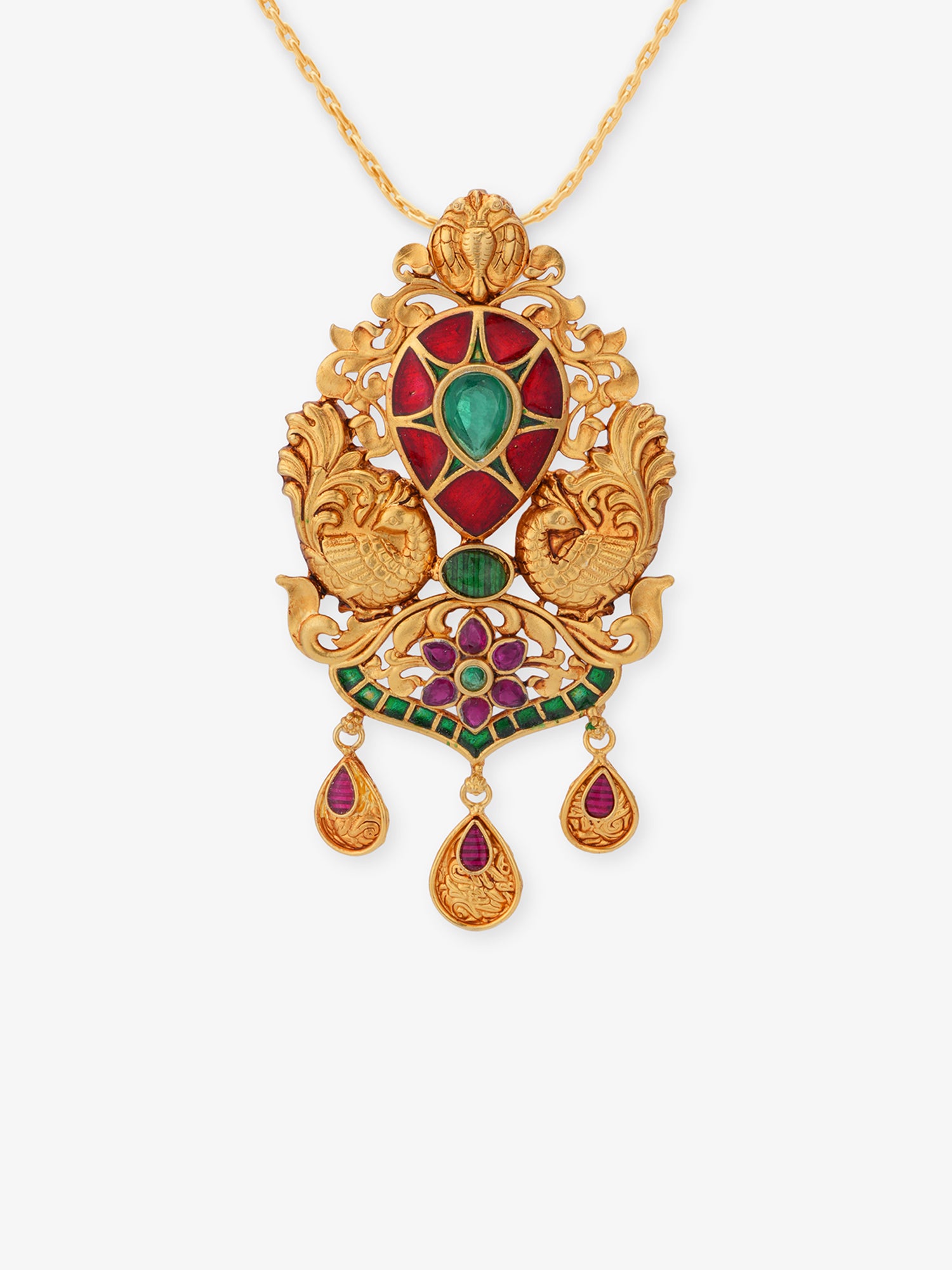 SIJA 925 Silver Gold Peacock Pendant with red and green stones gold plated temple jewellery full front hero view for women festive wear