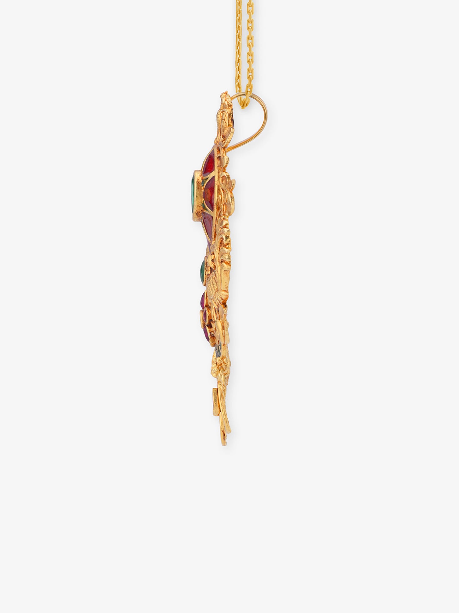 Side profile of SIJA 925 silver gold Peacock Pendant showing bail loop pendant thickness antique gold plated edge relief and chain compatibility
