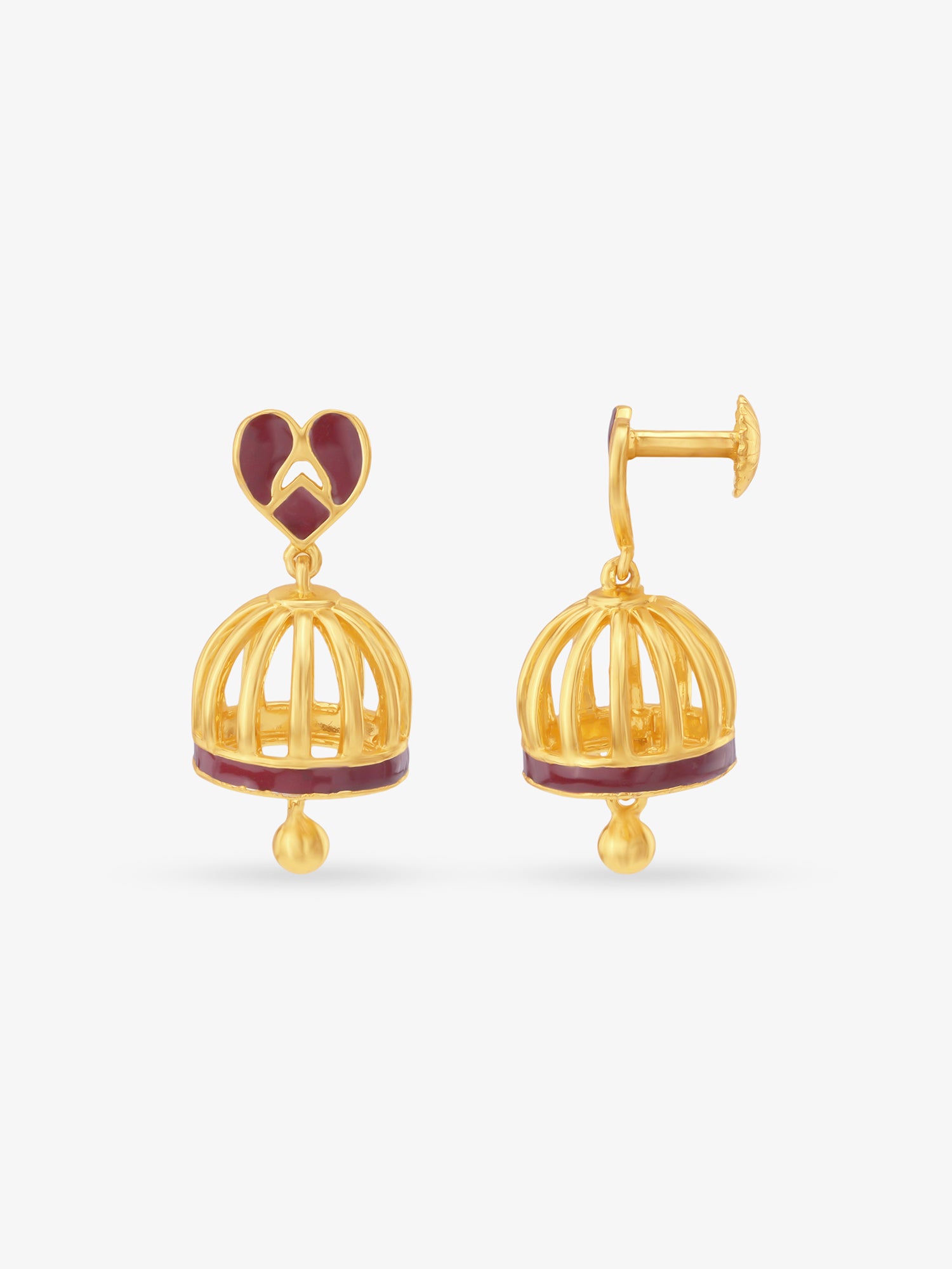 Side view of SIJA 925 Silver Gold Red Heart Jhumka highlighting handcrafted silver dome and red heart drop charm