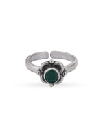 Detailed close up of SIJA 925 Silver Green Bloom Antique Toe Ring showing oxidised floral motif with green stone center piece
