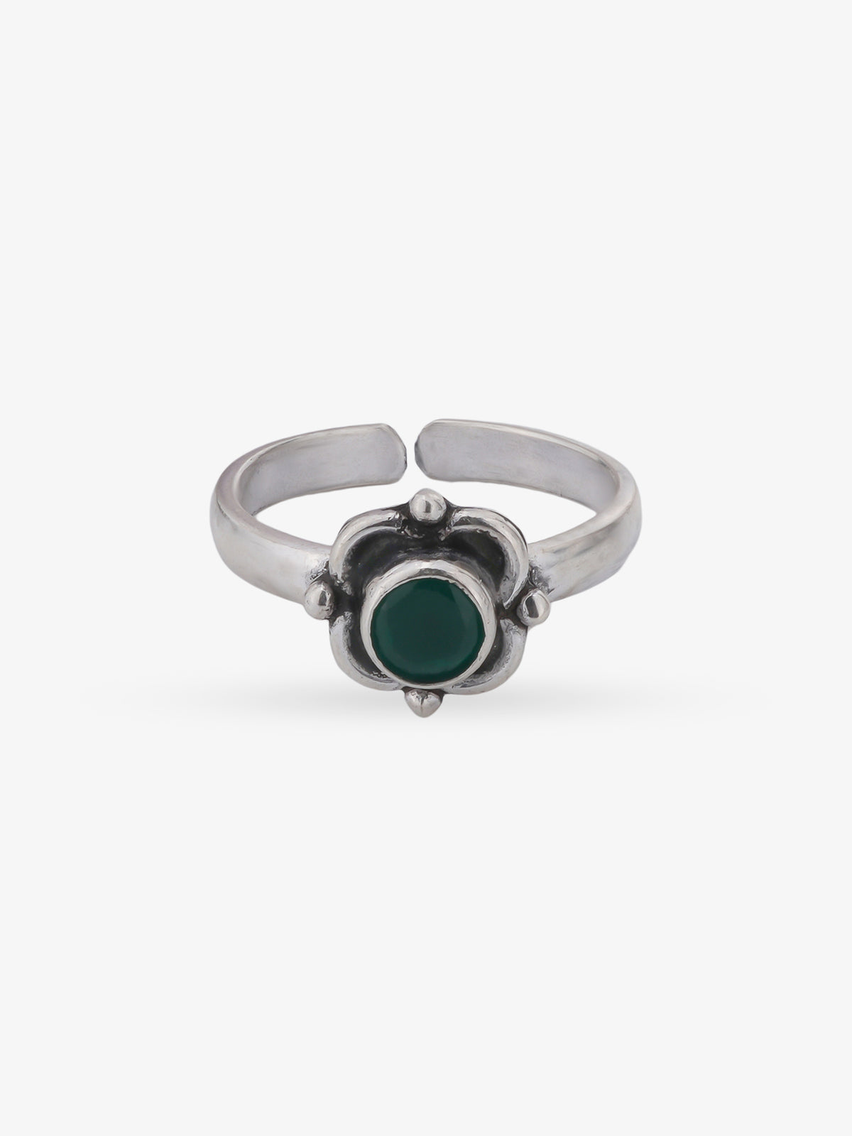 Adjustable band detail of SIJA 925 Silver Green Bloom Antique Toe Ring showcasing flexible fit and premium oxidised silver quality