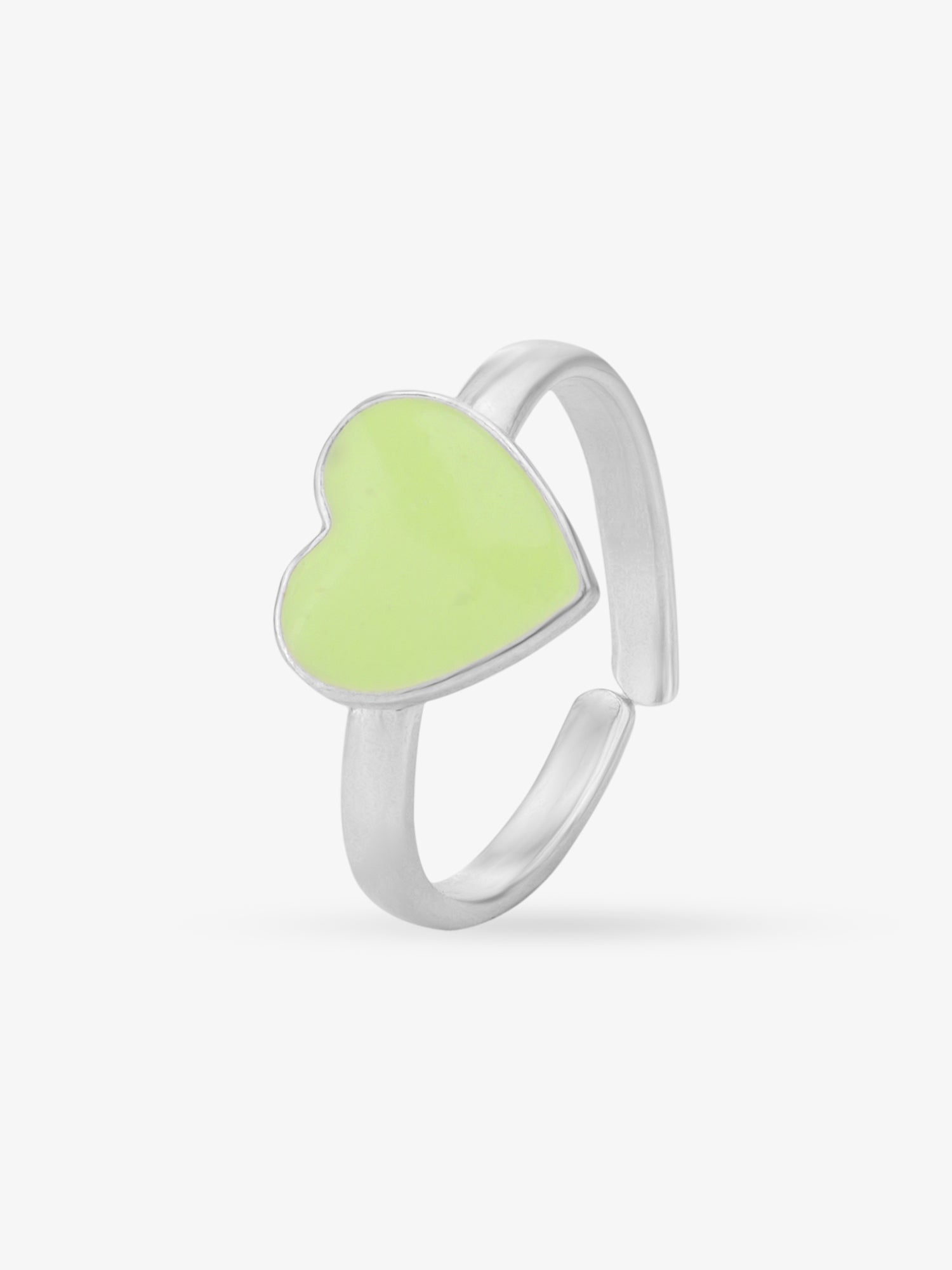Side view of SIJA 925 Silver Green Enamel Heart Toe Ring highlighting adjustable silver band and enamel heart charm