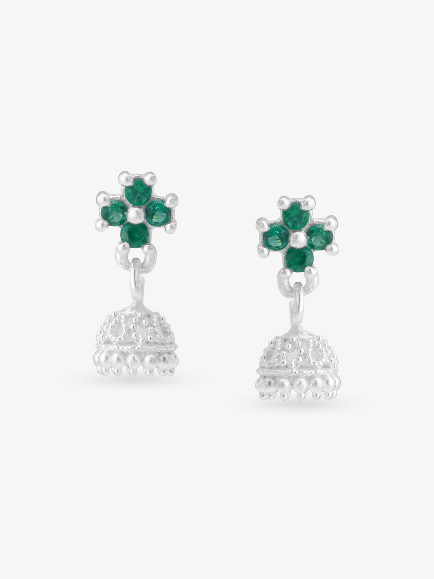 Detailed close up of SIJA Floral Jhumka showing delicate floral motif and premium silver craftsmanship