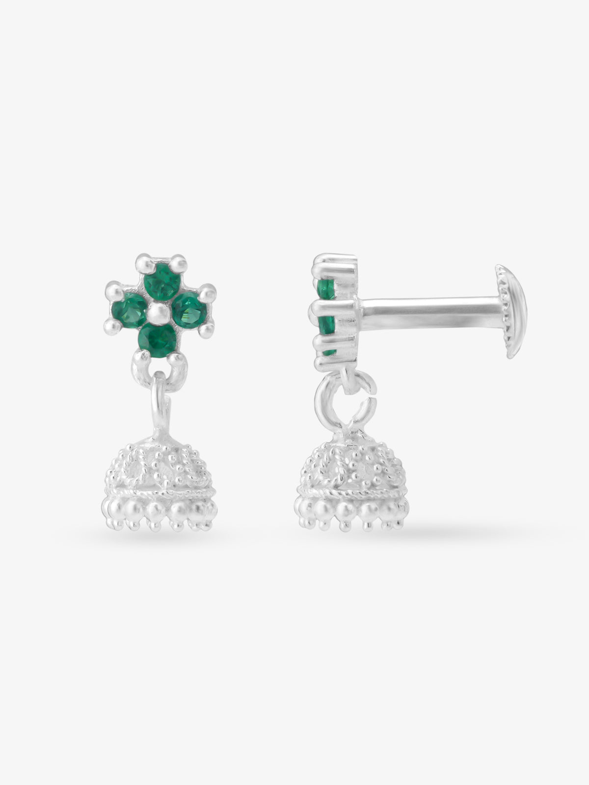 Side view of SIJA 925 Silver Floral Jhumka highlighting handcrafted silver dome and floral detailing
