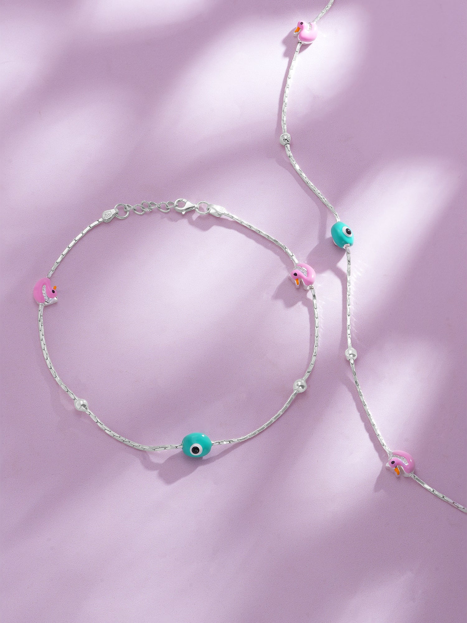 Detailed close up of SIJA 925 Silver Green and Pink Duck Glow Anklet showing playful duck charms with glowing finish