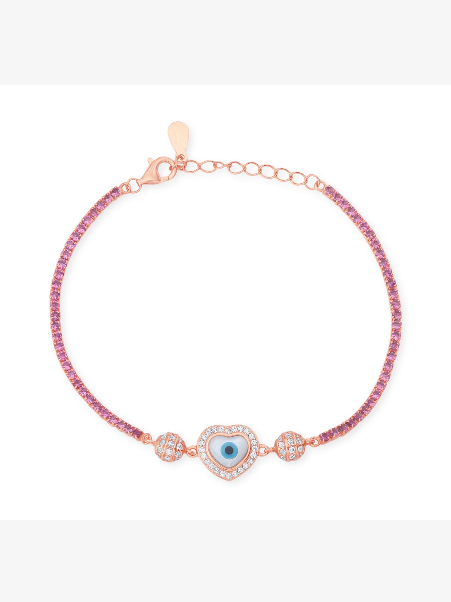 Close‑up of SIJA Rose Gold Heart Evil Eye Chain Bracelet showing protective evil eye charm with heart motif handcrafted sterling silver jewellery timeless accessory
