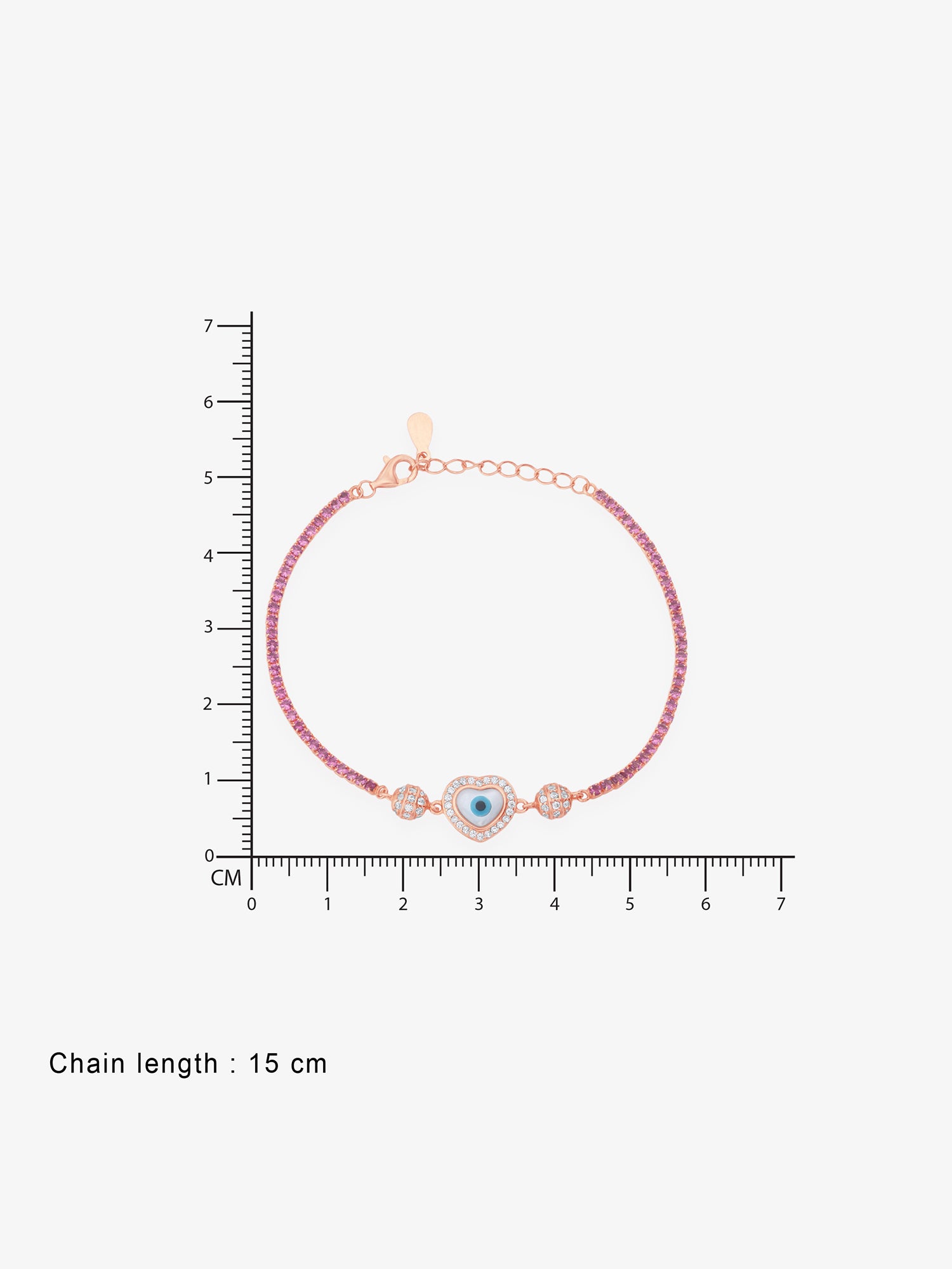 Reverse of SIJA Rose Gold Heart Evil Eye Chain Bracelet showing BIS 925 hallmark stamp certified sterling silver jewellery authenticity and quality assurance