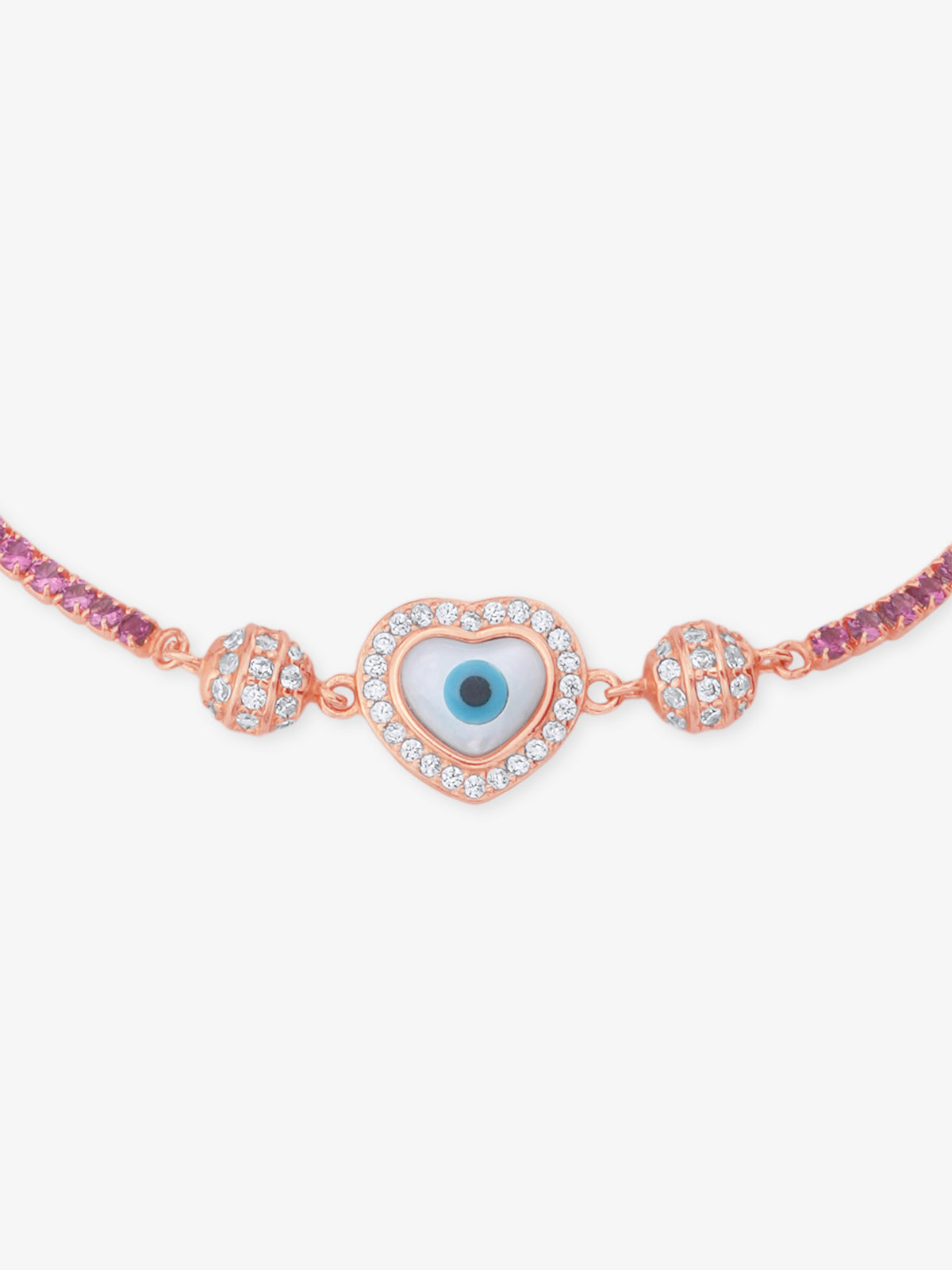 Close‑up of SIJA Rose Gold Heart Evil Eye Chain Bracelet showing protective evil eye charm with heart motif handcrafted sterling silver jewellery timeless accessory