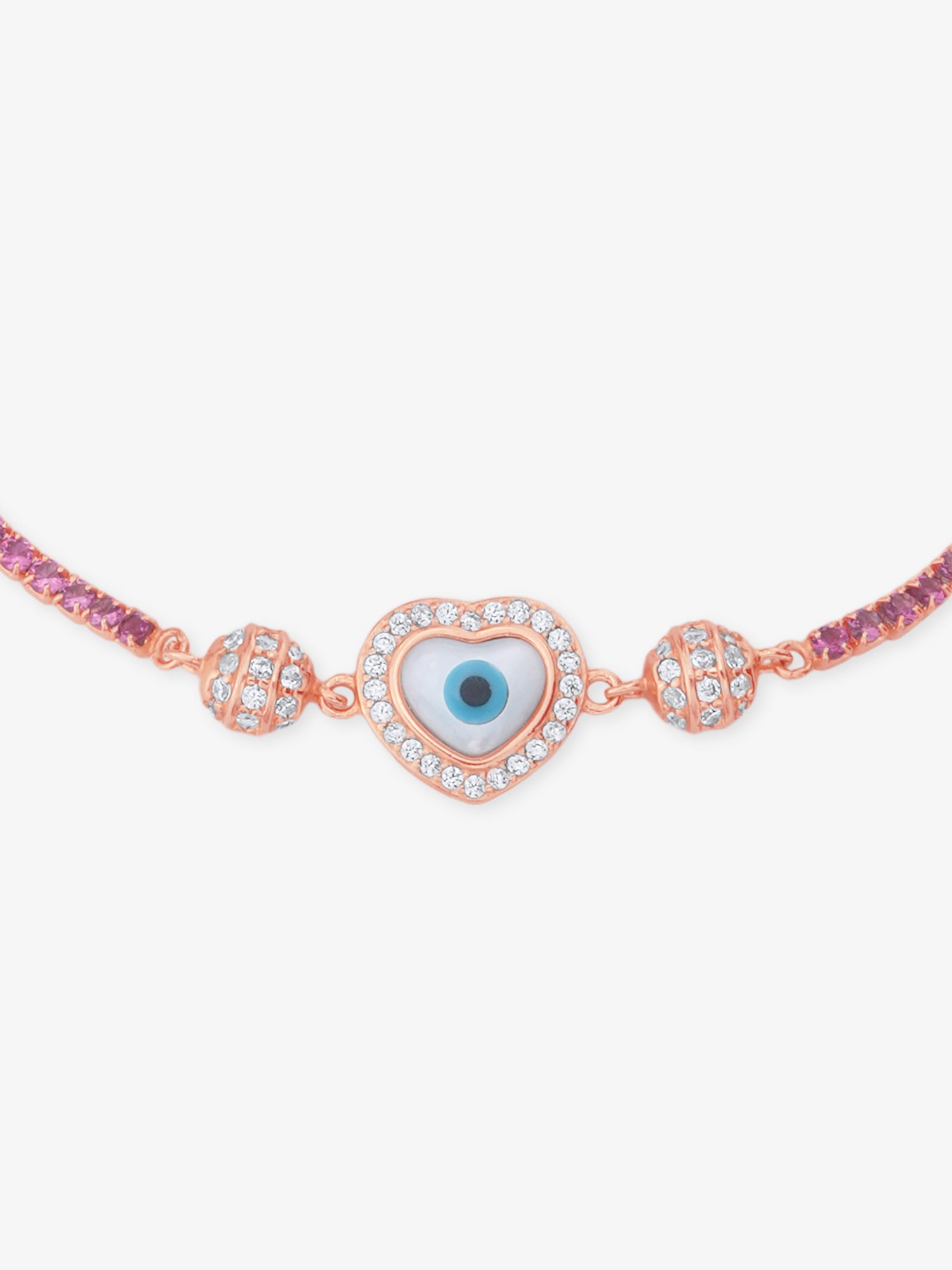 Close‑up of SIJA Rose Gold Heart Evil Eye Chain Bracelet showing protective evil eye charm with heart motif handcrafted sterling silver jewellery timeless accessory