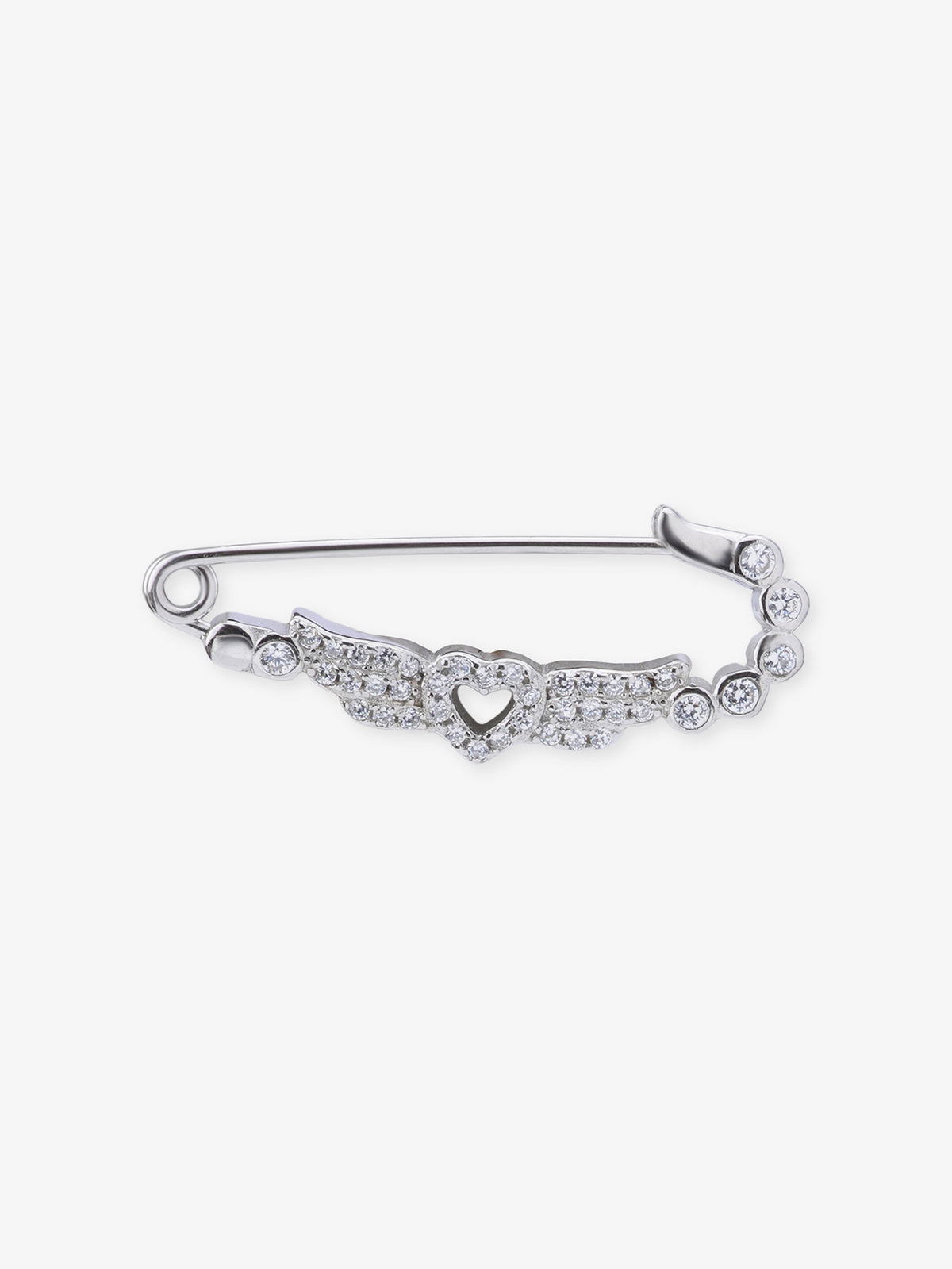 Close‑up of SIJA 925 sterling silver Heart Wings Safety Pin showing fine detailing and handcrafted jewellery design