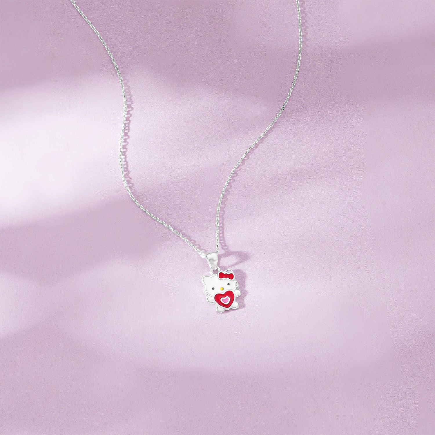 Close‑up of SIJA 925 Silver Hello Kitty Heart Pendant with Chain showing iconic Hello Kitty face with heart motif handcrafted sterling silver jewellery