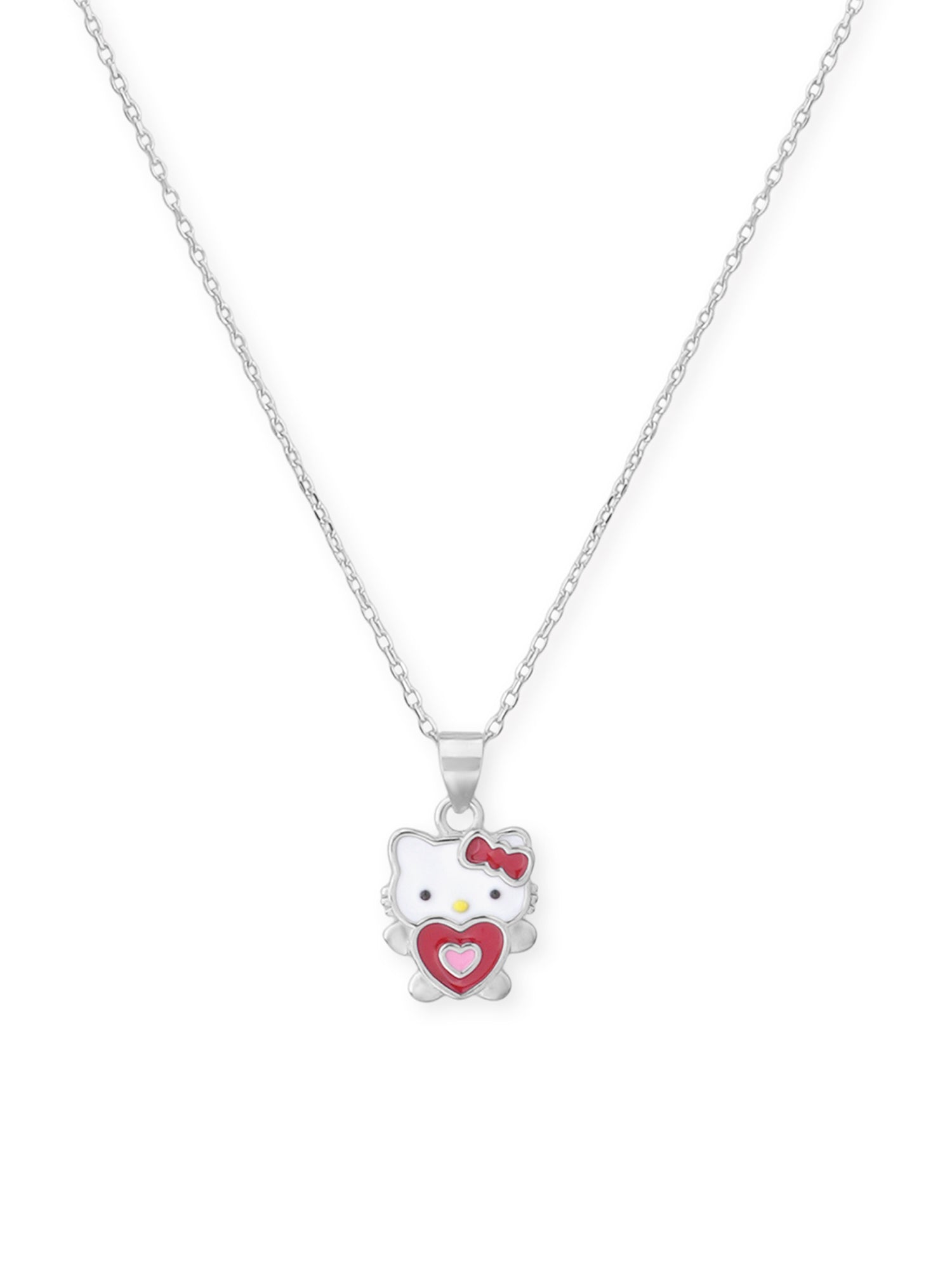 Close‑up of SIJA 925 Silver Hello Kitty Heart Pendant with Chain showing iconic Hello Kitty face with heart motif handcrafted sterling silver jewellery