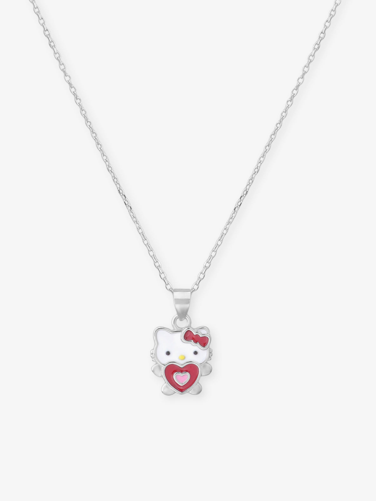 Close‑up of SIJA 925 Silver Hello Kitty Heart Pendant with Chain showing iconic Hello Kitty face with heart motif handcrafted sterling silver jewellery