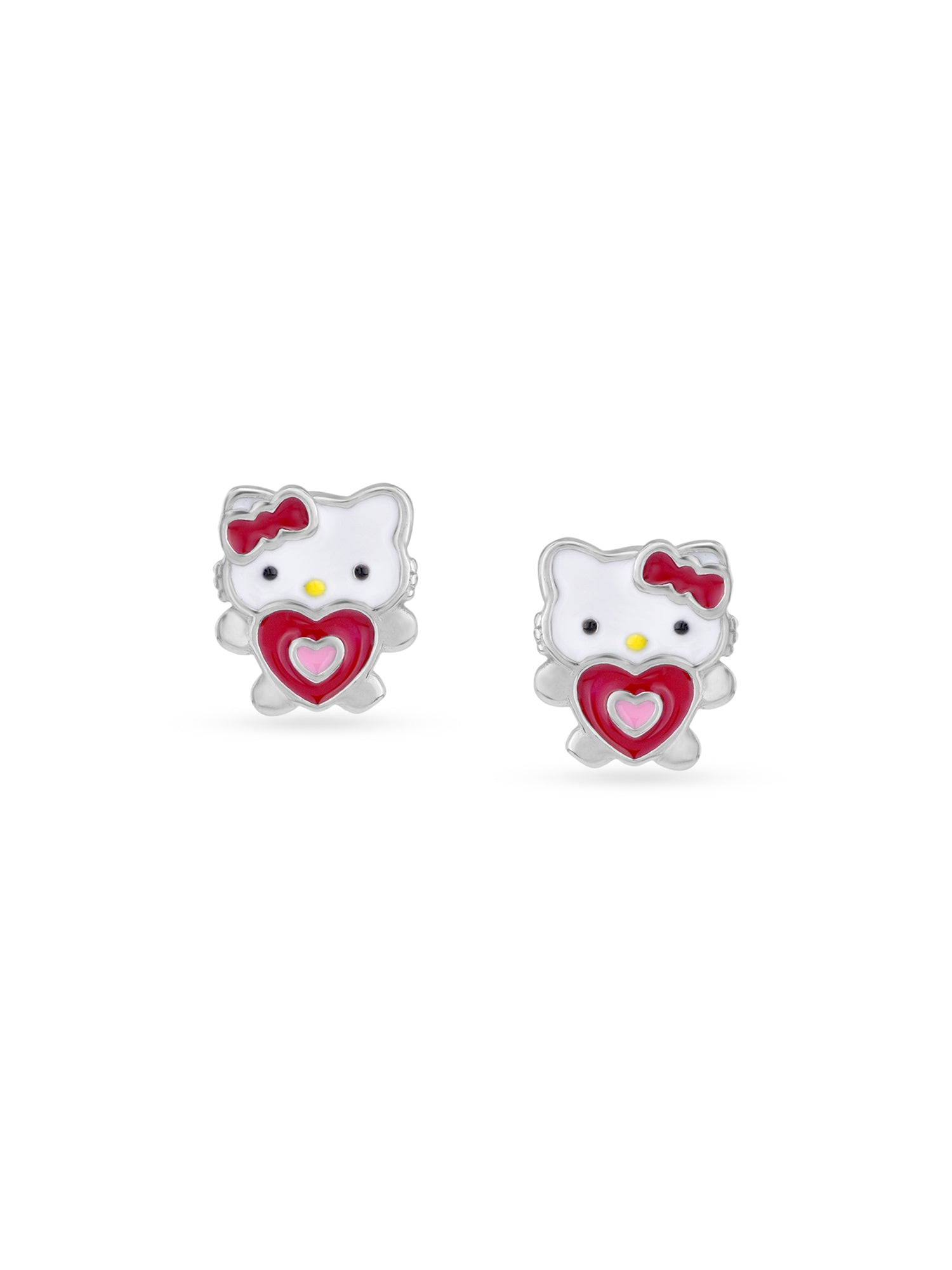Detailed view of SIJA 925 Silver Hello Kitty Heart Stud highlighting ornamental finish polished sterling silver craftsmanship delicate stud setting