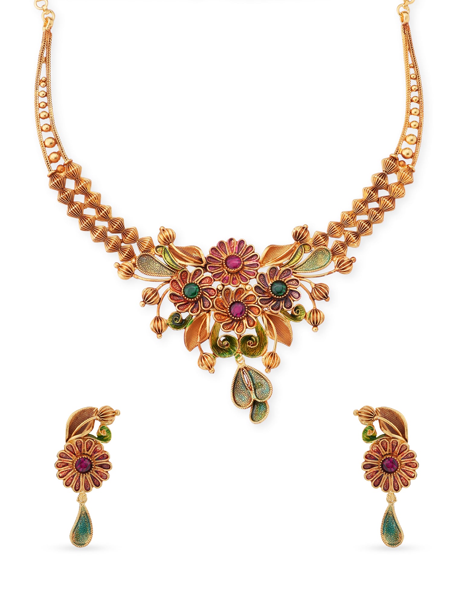SIJA 925 Silver Heritage Floral Harmony Necklace and Earrings gold plated sterling silver jewellery full front hero view elegant accessory