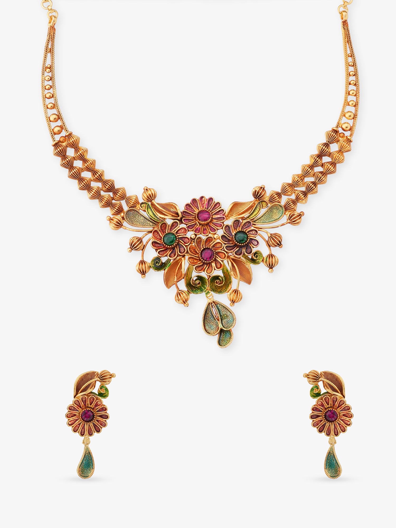 SIJA 925 Silver Heritage Floral Harmony Necklace and Earrings gold plated sterling silver jewellery full front hero view elegant accessory