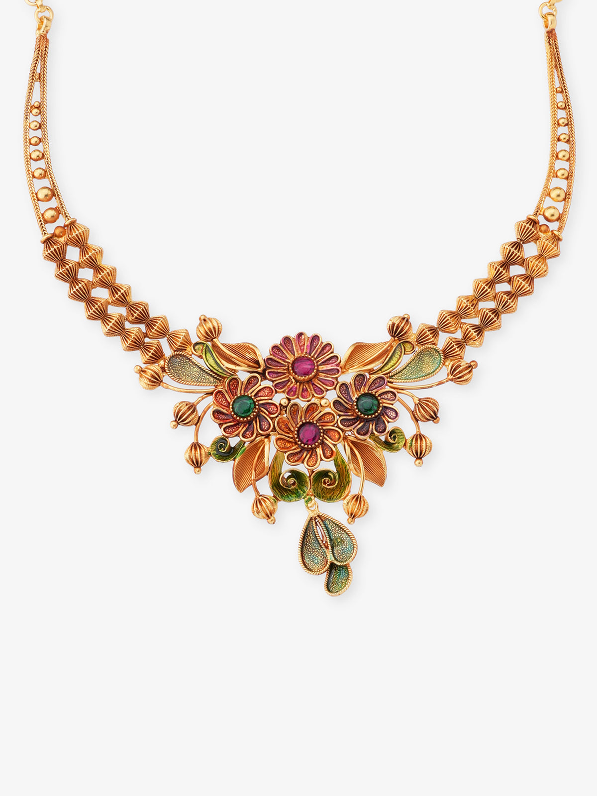 Close‑up of SIJA 925 silver Heritage Floral Harmony Necklace showing intricate floral motif detailing and handcrafted gold plated design