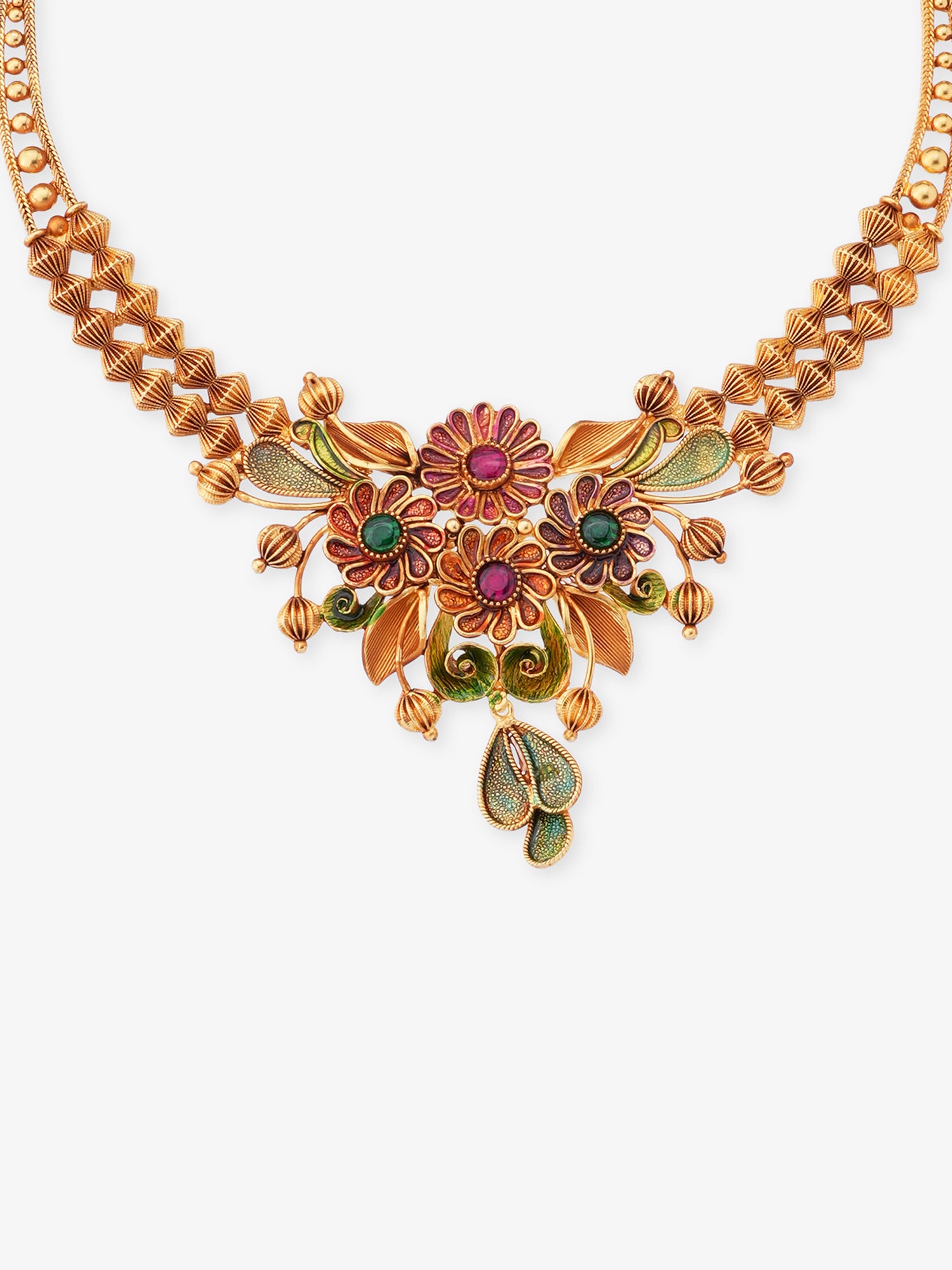 Close‑up of SIJA 925 silver Heritage Floral Harmony Necklace showing intricate floral motif detailing and handcrafted gold plated design