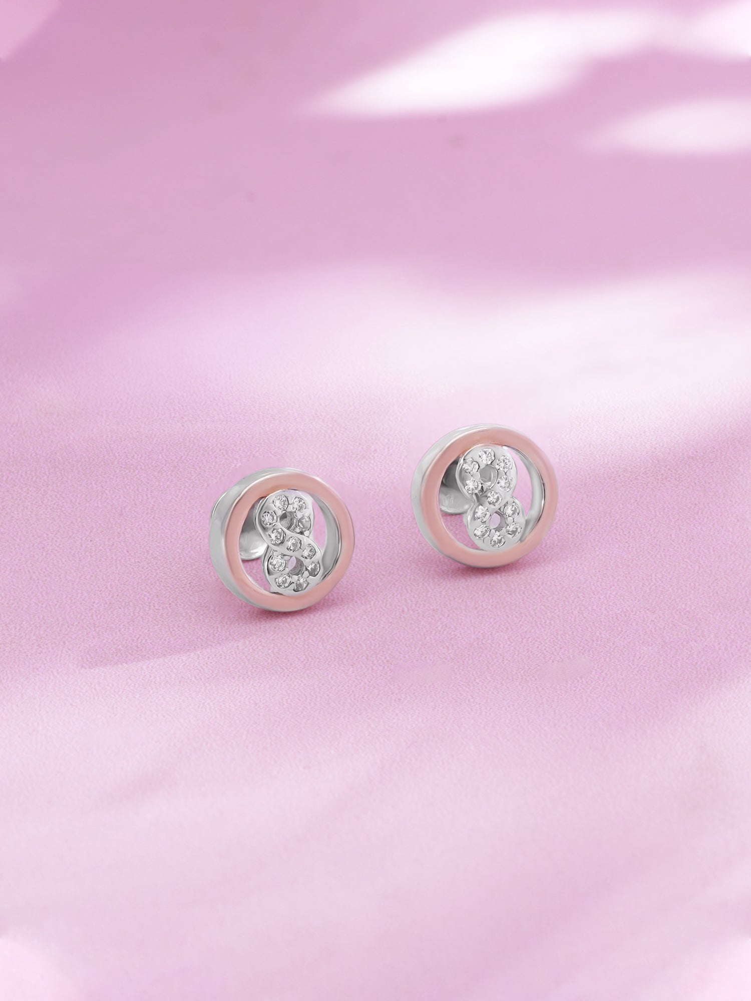 Detailed close up of SIJA 925 Silver Infinity Sparkle Stud showing sparkling stones set in infinity design