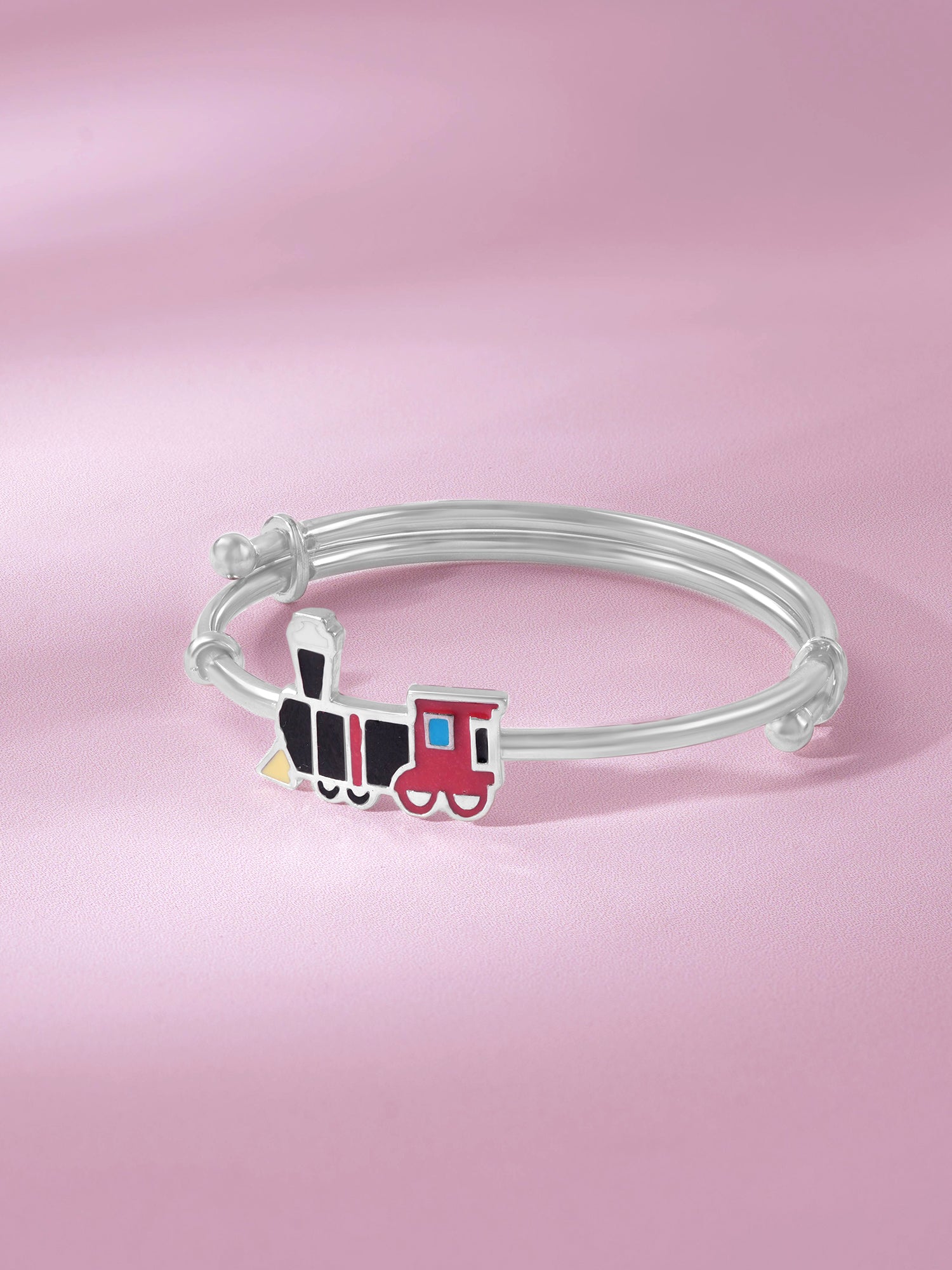 Detailed close up of SIJA 925 Silver Kids Bracelet showing cute Choo Choo Train charm and handcrafted silver finish