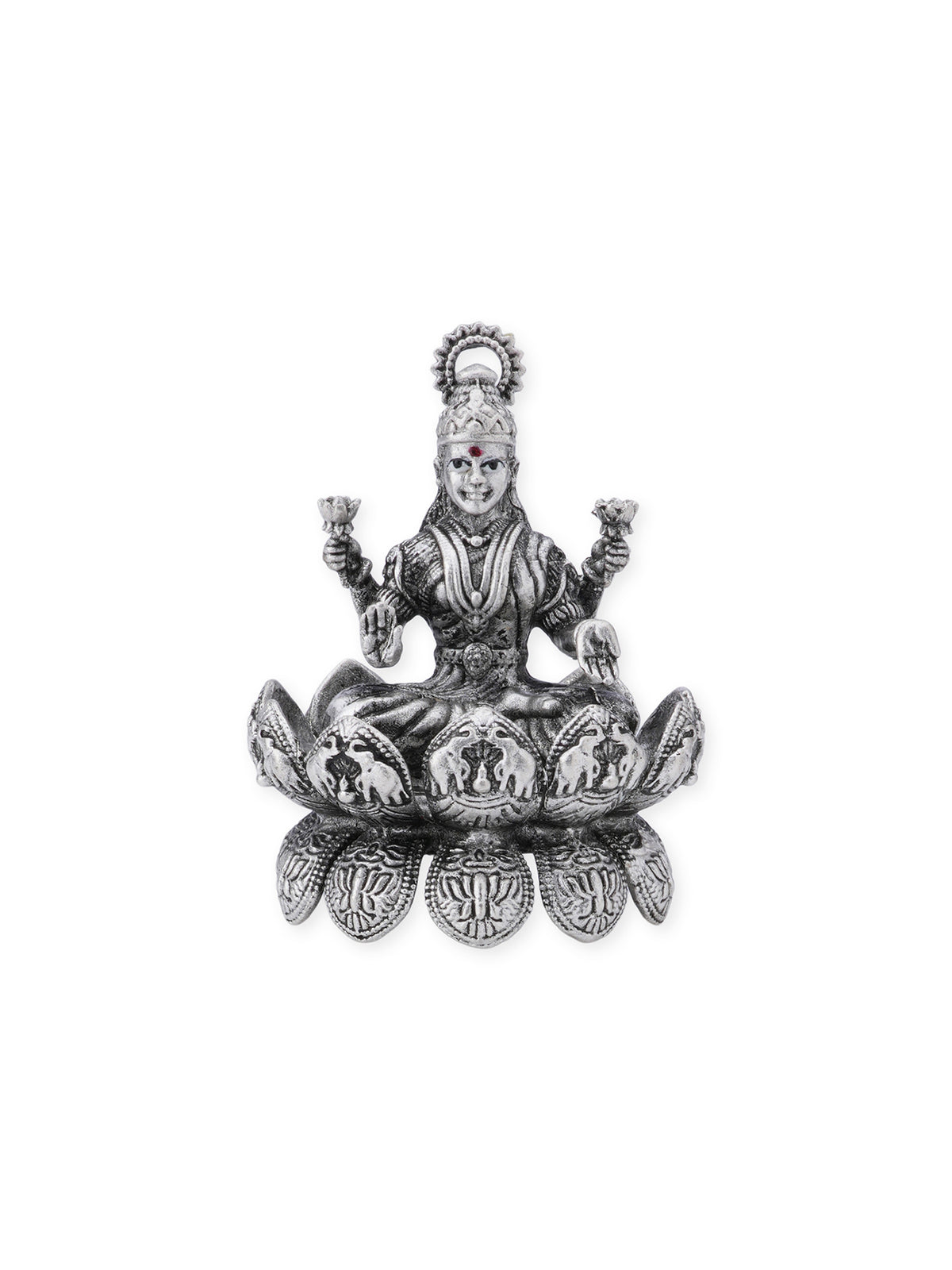 Detailed view of SIJA 925 silver Lakshmi Solid Idol highlighting ornamental finish and polished sterling silver craftsmanship