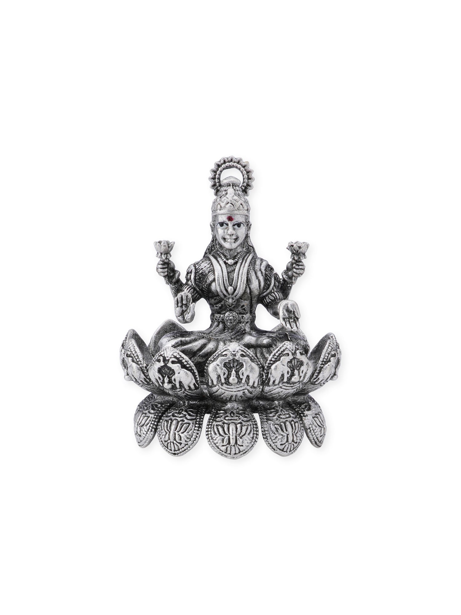 Detailed view of SIJA 925 silver Lakshmi Solid Idol highlighting ornamental finish and polished sterling silver craftsmanship