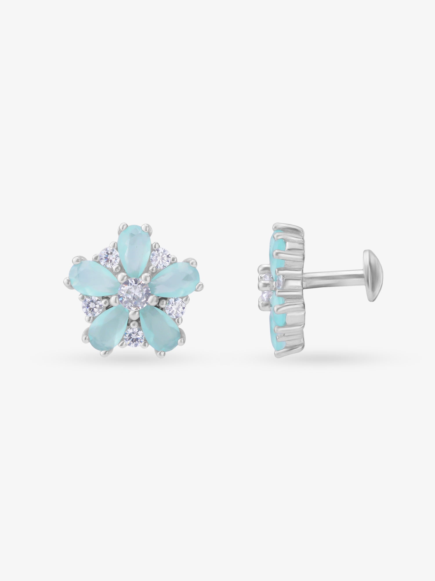 Side view of SIJA 925 Silver Blossom Stud highlighting sleek silver setting and blossom charm