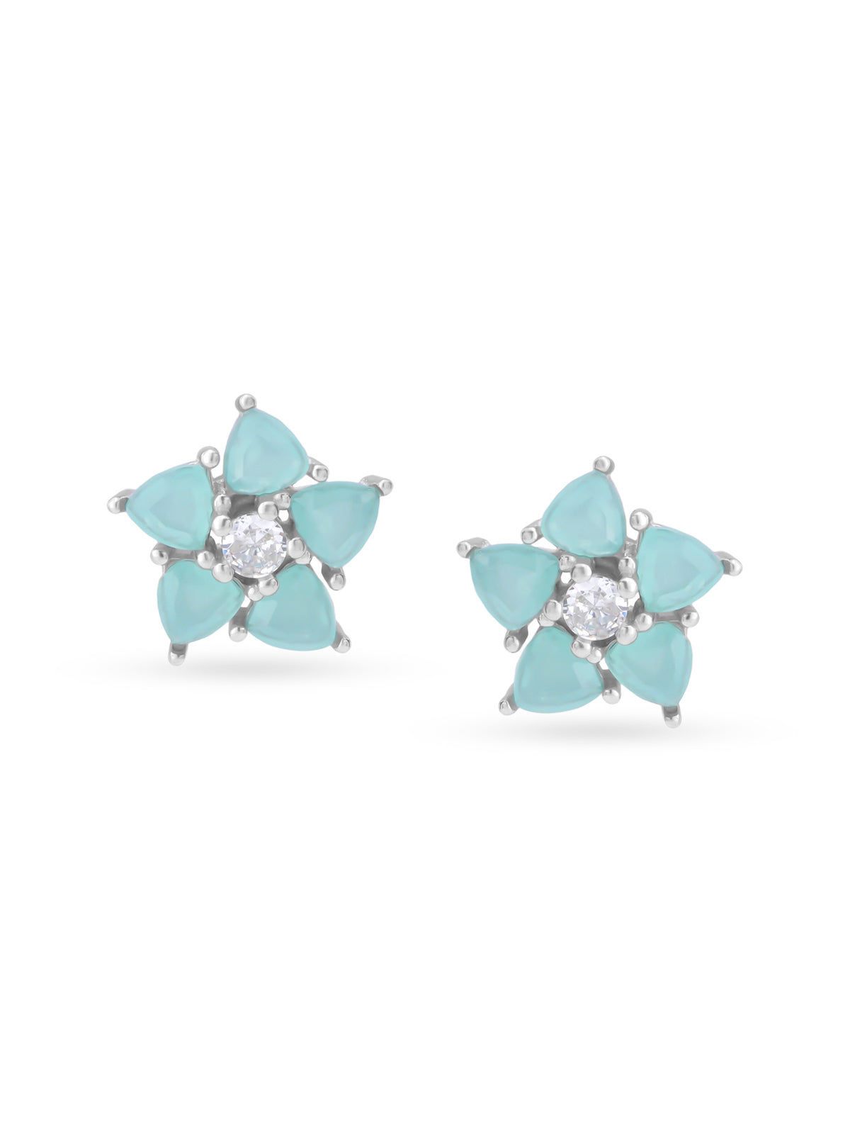 Detailed close up of SIJA Mint Floret Stud showing sparkling mint stone floret motif and premium silver craftsmanship