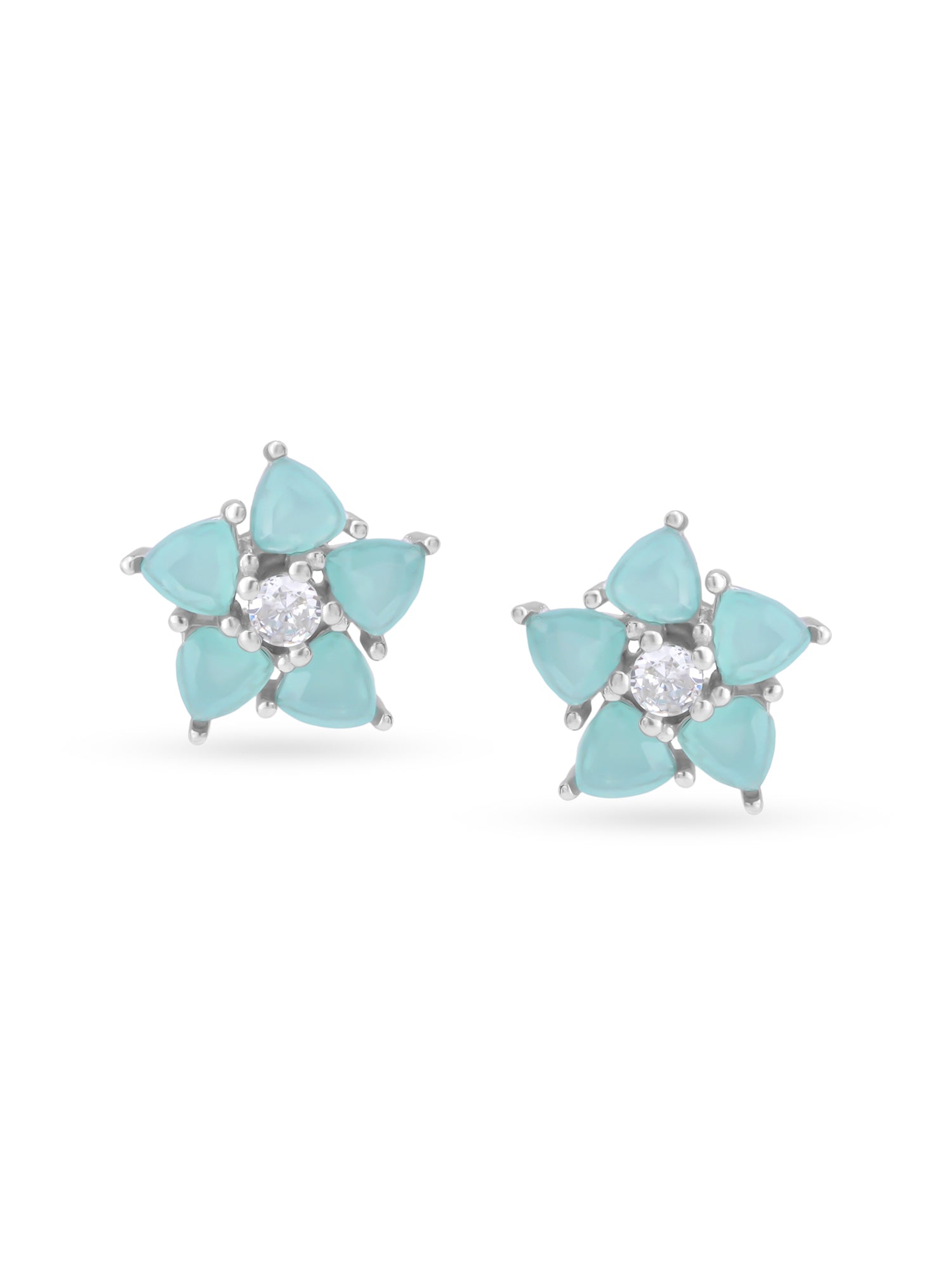 Detailed close up of SIJA Mint Floret Stud showing sparkling mint stone floret motif and premium silver craftsmanship