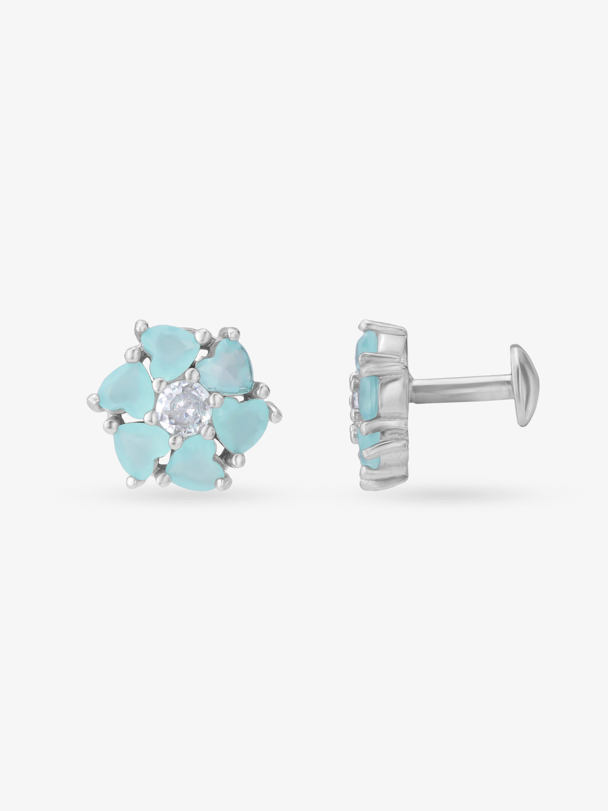 Side view of SIJA 925 Silver Heart Bloom Stud highlighting sleek silver setting with heart bloom charm