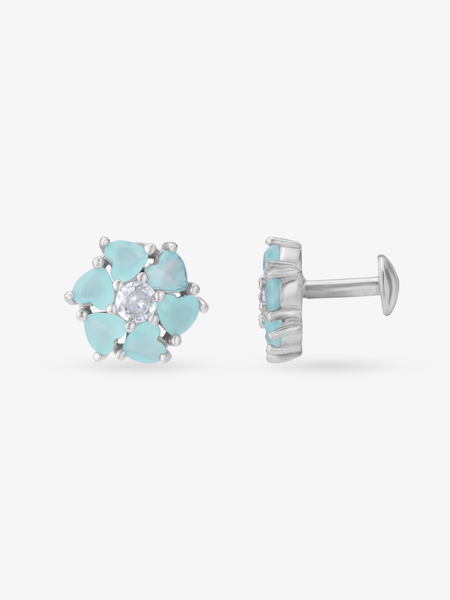 Side view of SIJA 925 Silver Heart Bloom Stud highlighting sleek silver setting with heart bloom charm