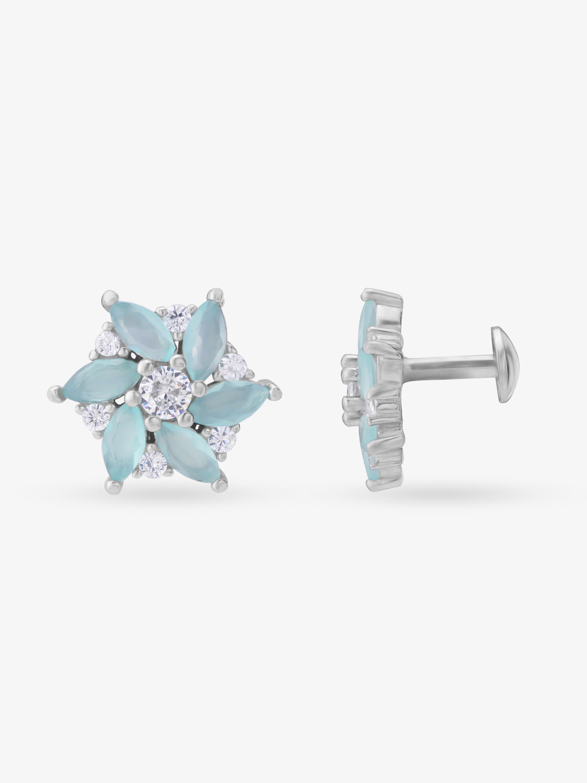 Side view of SIJA 925 Silver Mint Petal Bloom Stud highlighting sleek silver setting and mint petal bloom charm