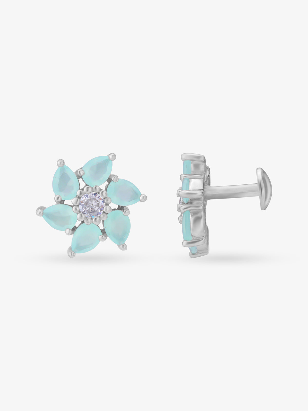 Side view of SIJA 925 Silver Mint Petal Stud highlighting sleek silver setting and mint petal charm