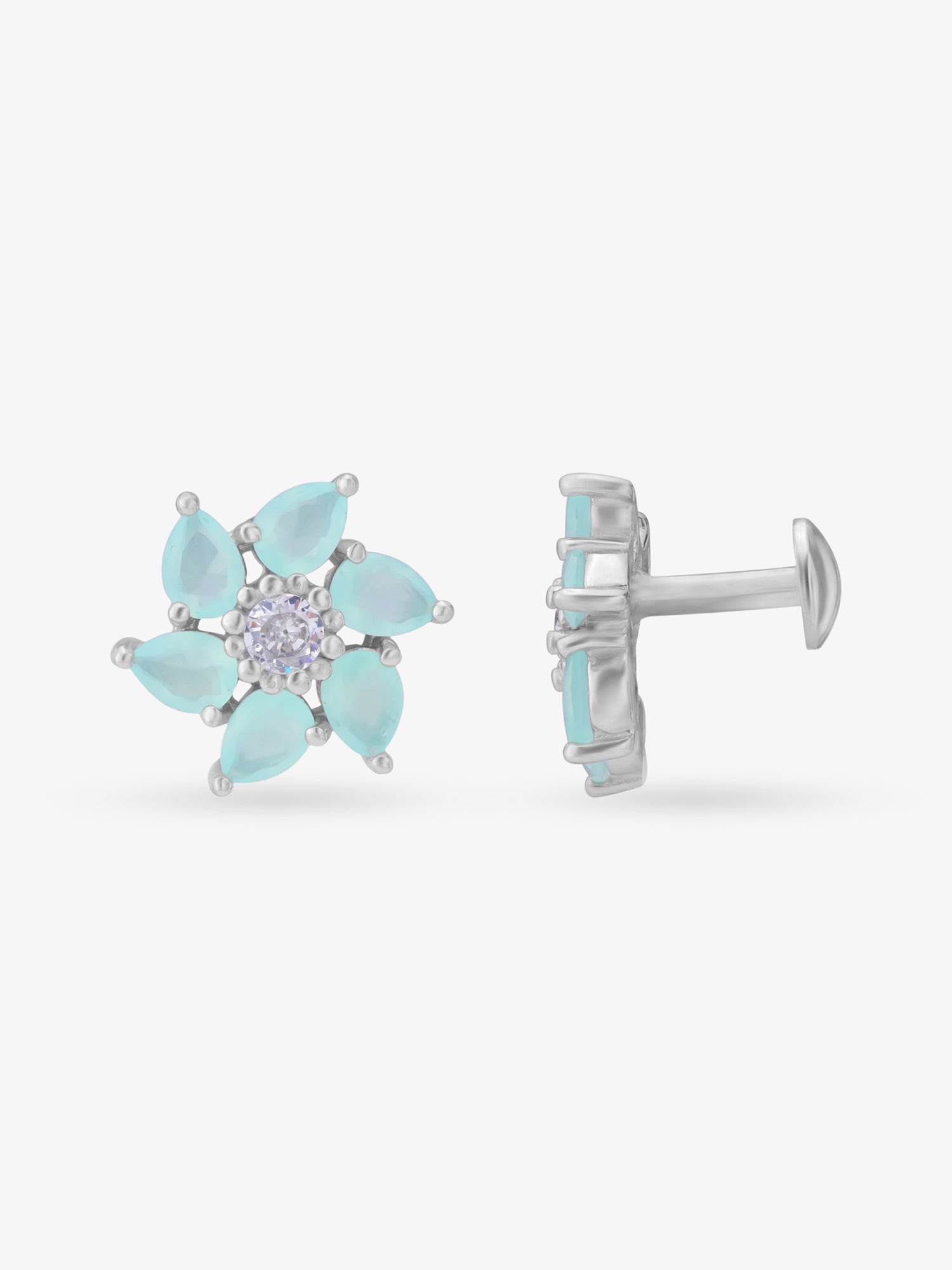 Side view of SIJA 925 Silver Mint Petal Stud highlighting sleek silver setting and mint petal charm